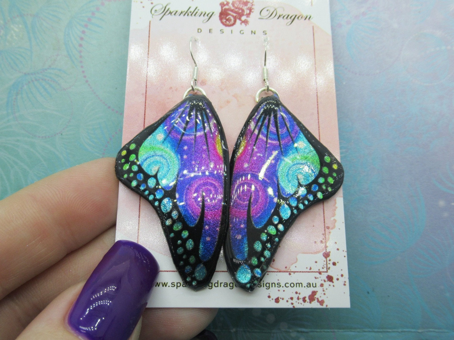 Butterfly Earrings Swirling Pink, Purple & Blue - Fairy Jewellery Fun Gift for her Statement Present Sparkly - Resin with Glitter Finish