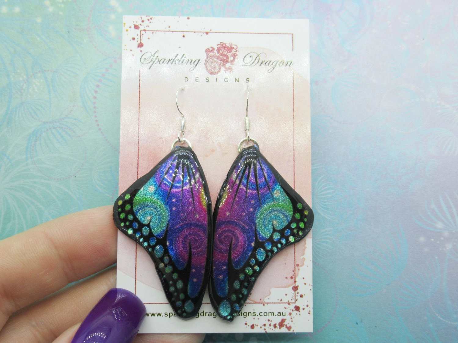 Butterfly Earrings Swirling Pink, Purple & Blue - Fairy Jewellery Fun Gift for her Statement Present Sparkly - Resin with Glitter Finish - Image 2