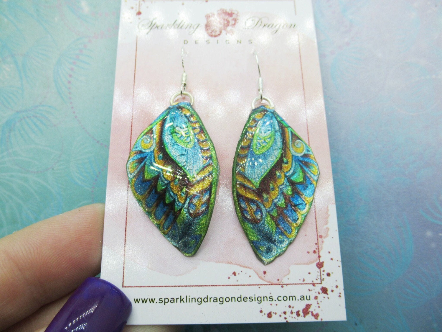 Butterfly Earrings Stained Glass Blue Yellow & Green- Fairy Jewellery, Gift for her Statement Present Sparkly - Resin with Glitter Finish