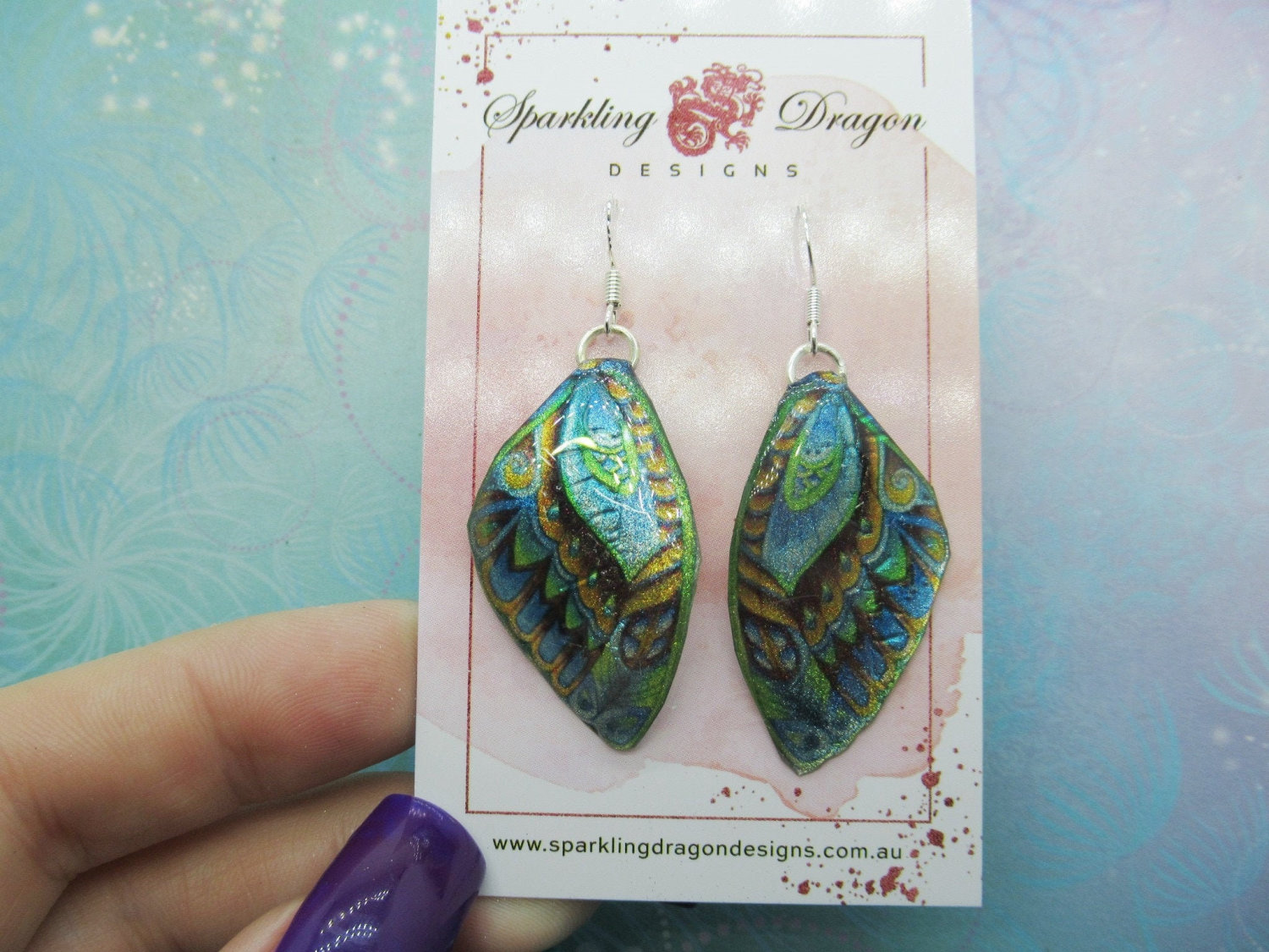 Butterfly Earrings Stained Glass Blue Yellow & Green- Fairy Jewellery, Gift for her Statement Present Sparkly - Resin with Glitter Finish - Image 2