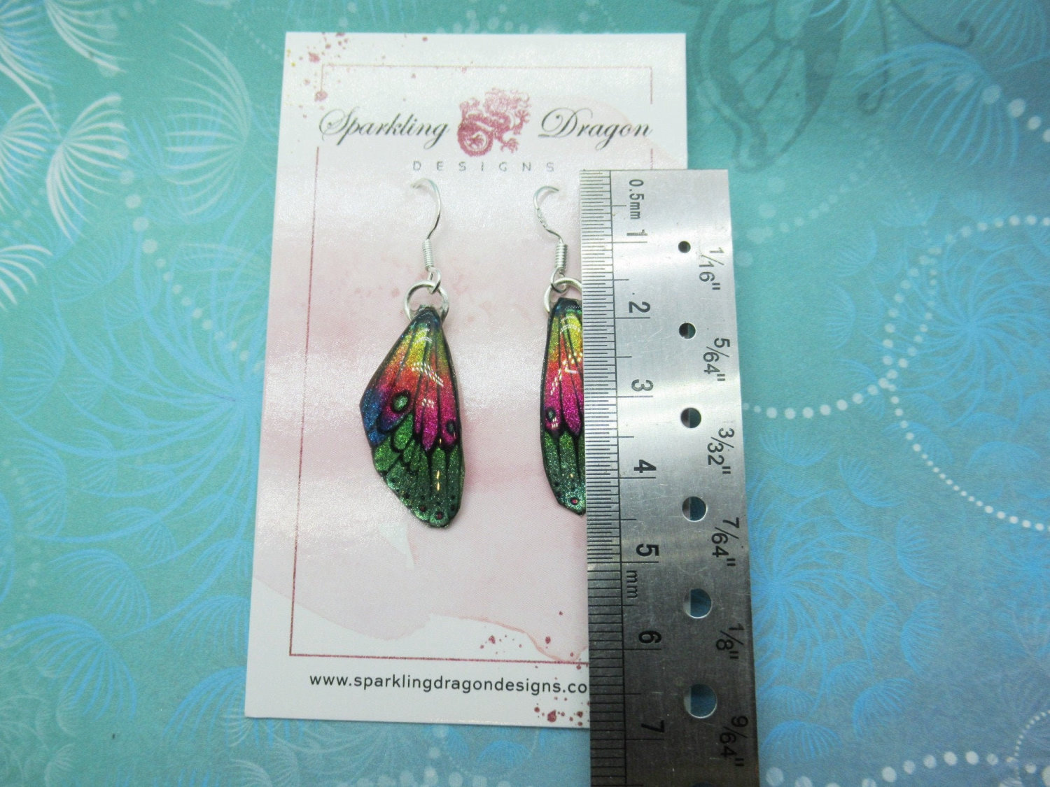 Butterfly Earrings Rainbow, Green to Yellow - Fairy Jewellery, Fun Gift for her Fairy Wing Earrings - Sparkly - Resin with Glitter Finish - Image 3