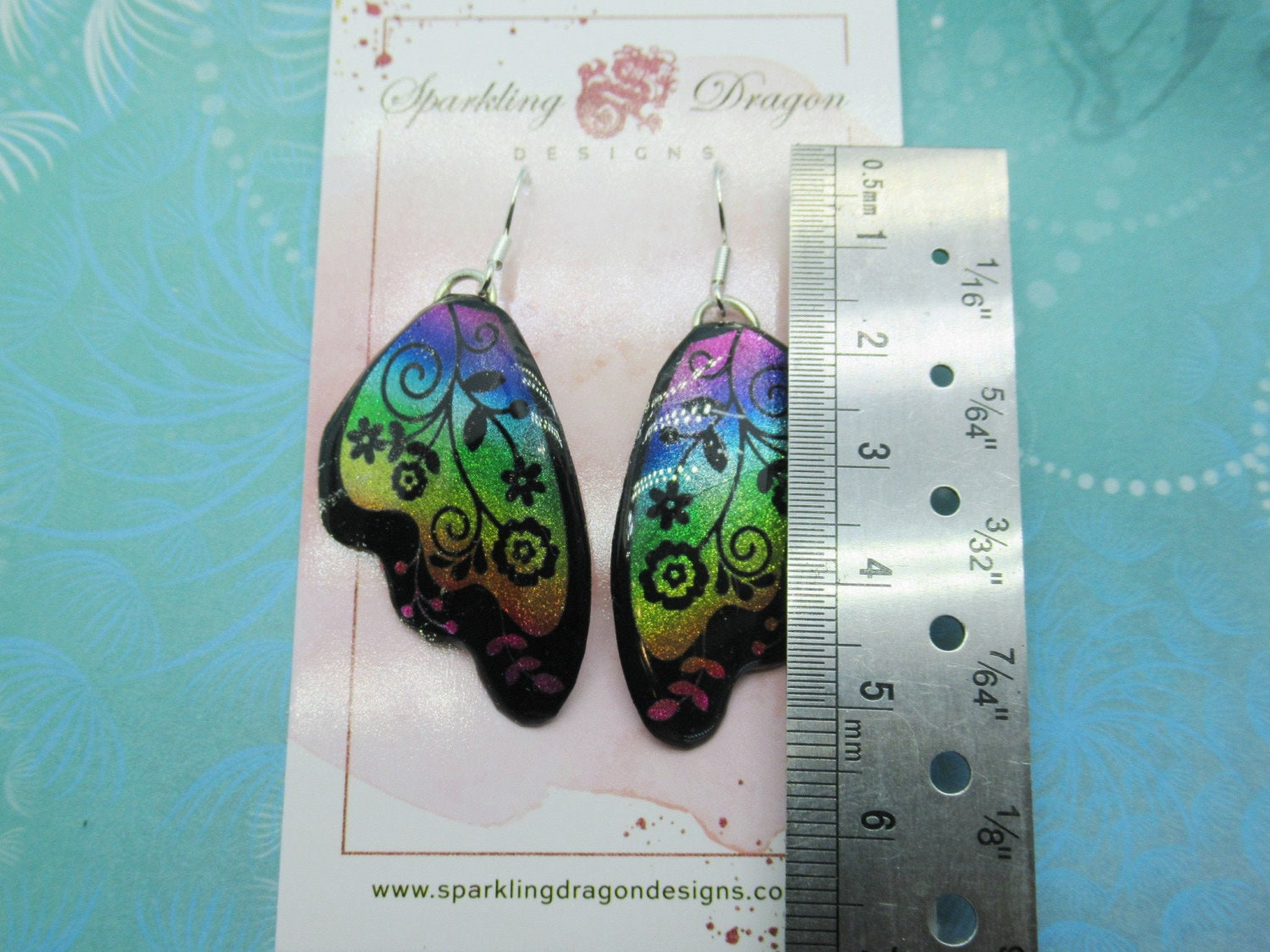 Butterfly Earrings Rainbow Colours with Flowers - Fairy Jewellery, Gift for her Fairy Wing Earrings - Sparkly - Resin with Glitter Finish - Image 3