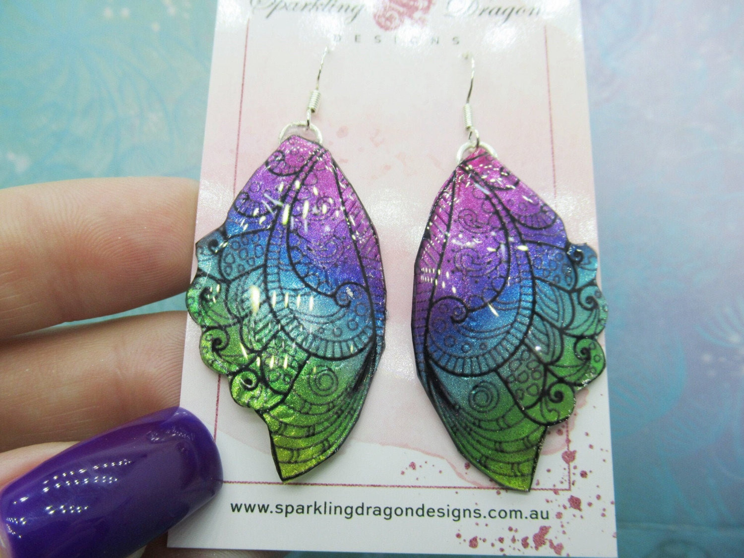 Butterfly Earrings Rainbow & Black Patterned - Fairy Jewellery, Fun Gift for her Fairy Wing Earrings - Sparkly - Resin with Glitter Finish