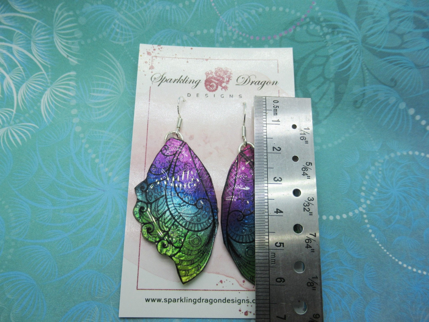 Butterfly Earrings Rainbow & Black Patterned - Fairy Jewellery, Fun Gift for her Fairy Wing Earrings - Sparkly - Resin with Glitter Finish - Image 3