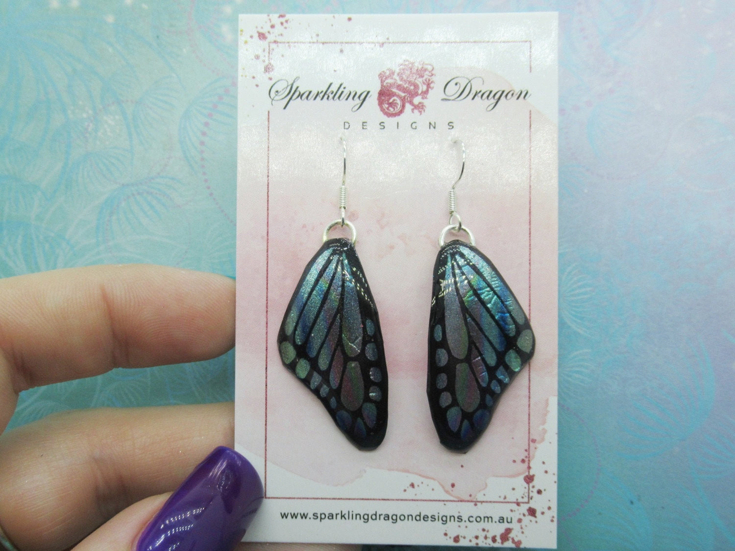 Butterfly Earrings Pale Blue & Rainbow Streaks - Fairy Jewellery, Fun Gift for her Statement Present Sparkly - Resin with Glitter Finish - Image 2