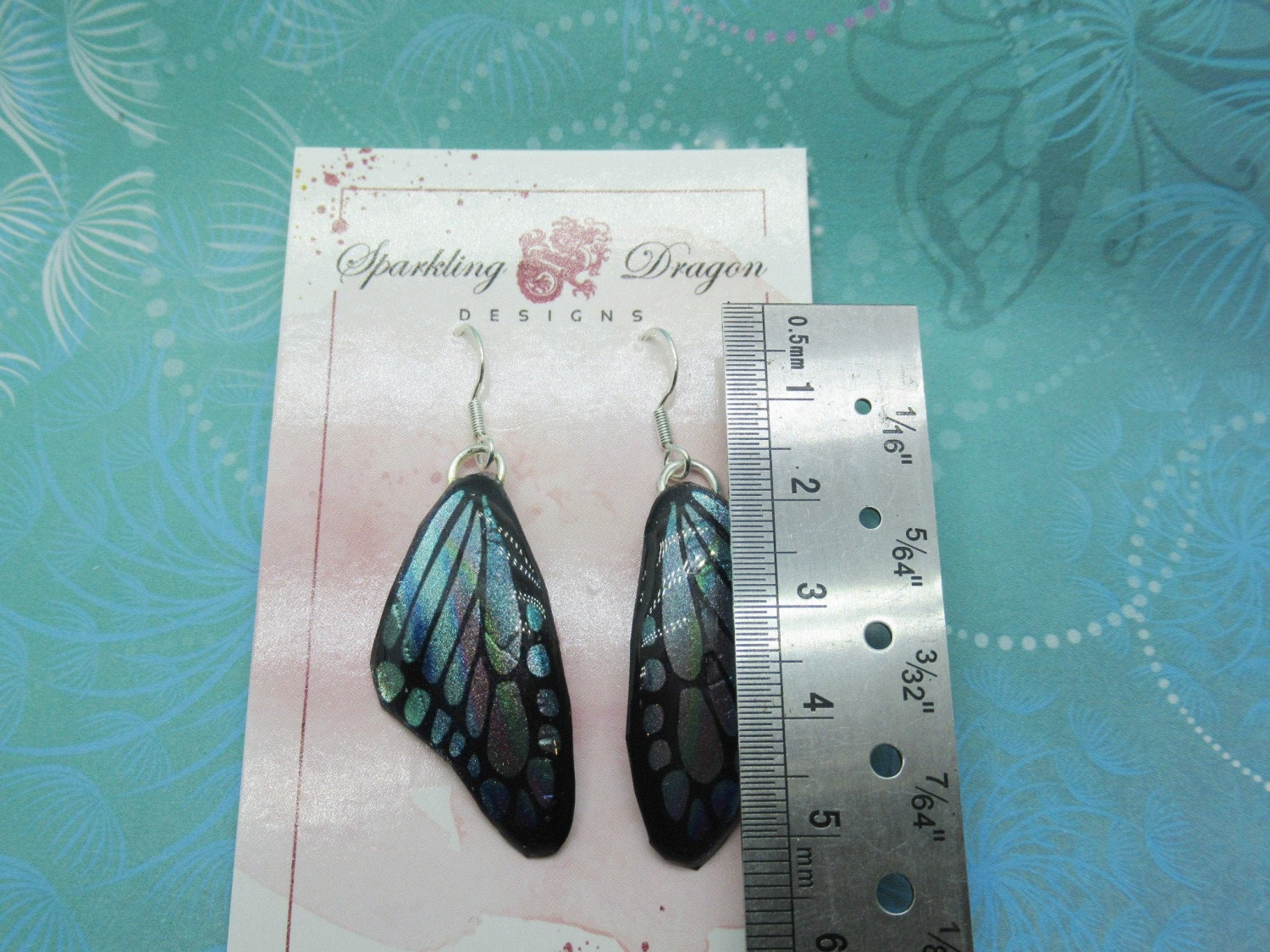 Butterfly Earrings Pale Blue & Rainbow Streaks - Fairy Jewellery, Fun Gift for her Statement Present Sparkly - Resin with Glitter Finish - Image 3