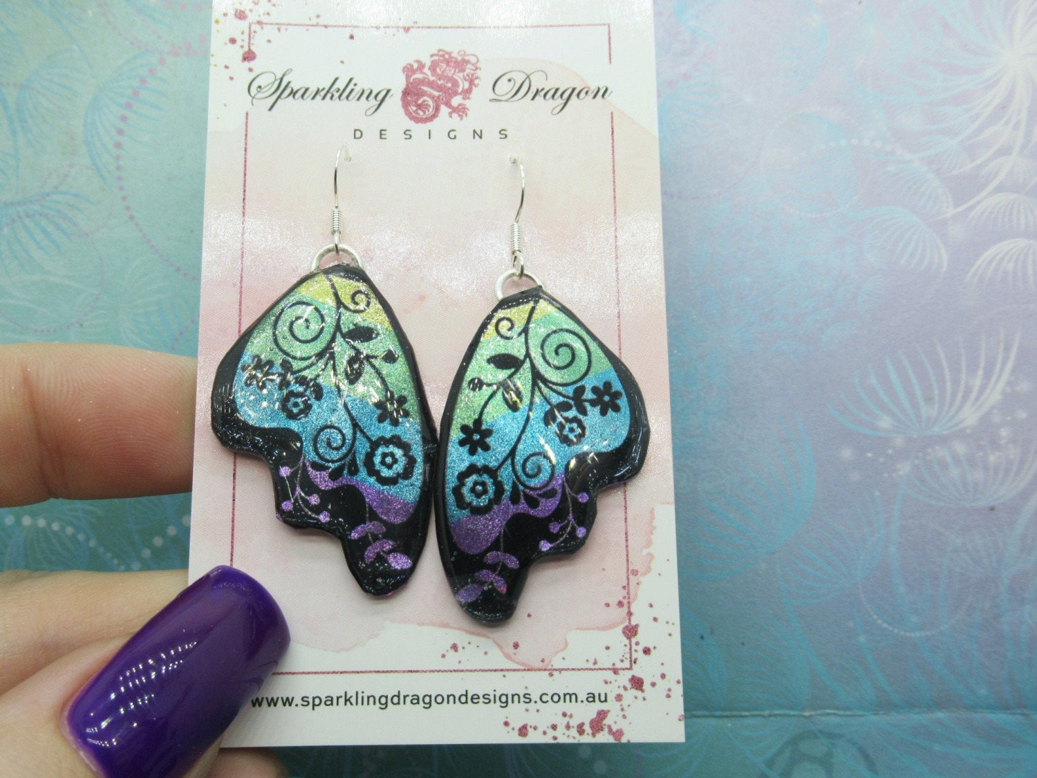 Butterfly Earrings Pale Blue & Green with Flowers - Fairy Jewellery, Gift for her Fairy Wing Earrings - Sparkly - Resin with Glitter Finish