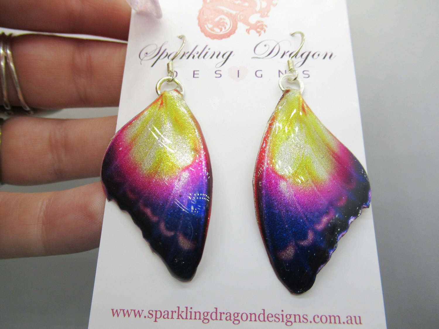 Butterfly Earrings Mystic Sunset - Fairy Jewellery Fun Gift for her, Fairy Wing Earrings - Sparkly - Resin with Glitter Finish