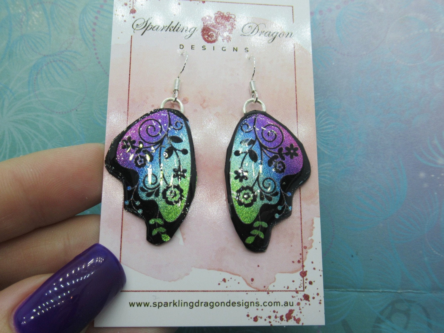 Butterfly Earrings Green to Pink with Flowers - Fairy Jewellery, Gift for her Fairy Wing Earrings - Sparkly - Resin with Glitter Finish
