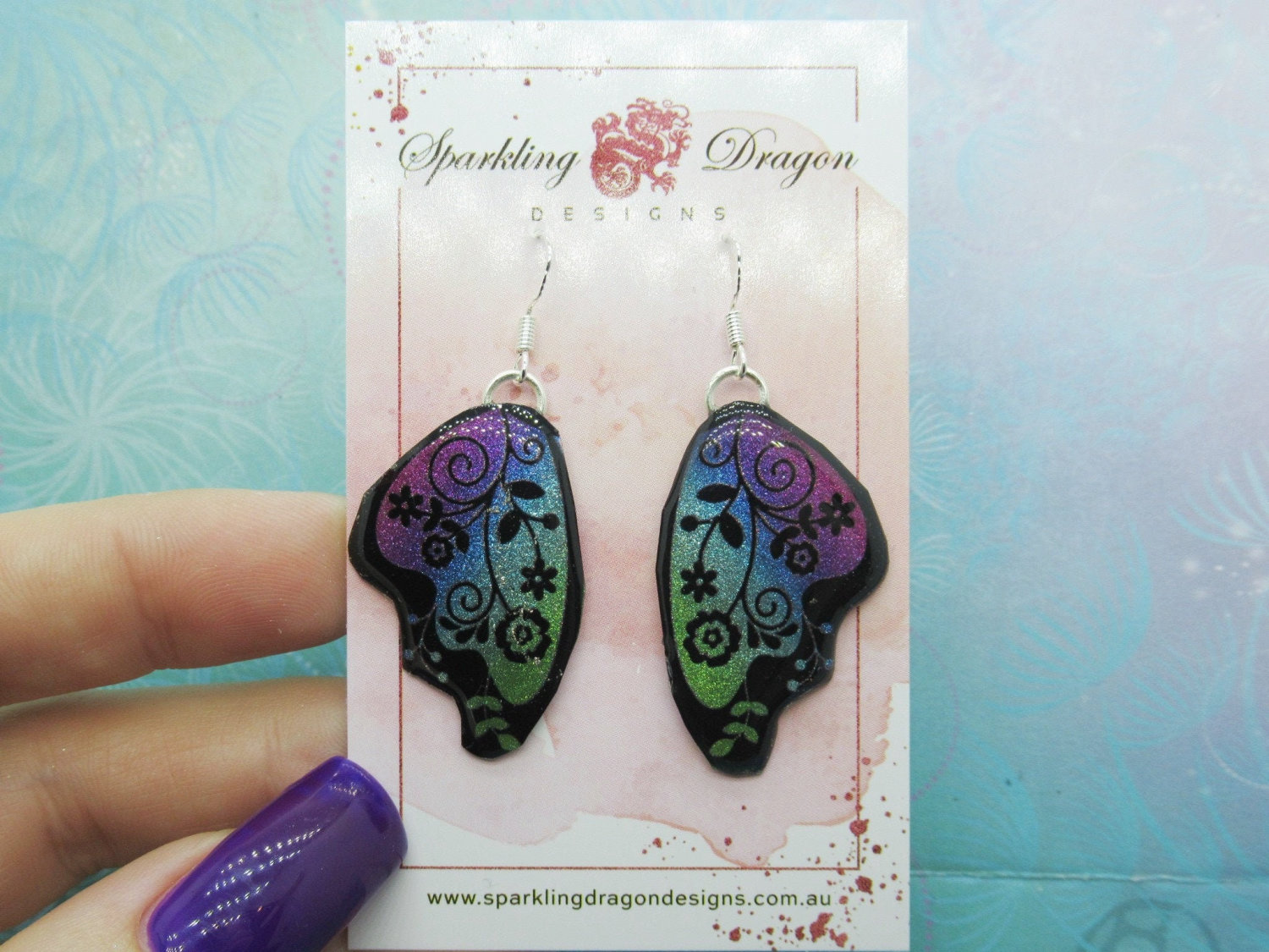 Butterfly Earrings Green to Pink with Flowers - Fairy Jewellery, Gift for her Fairy Wing Earrings - Sparkly - Resin with Glitter Finish - Image 2