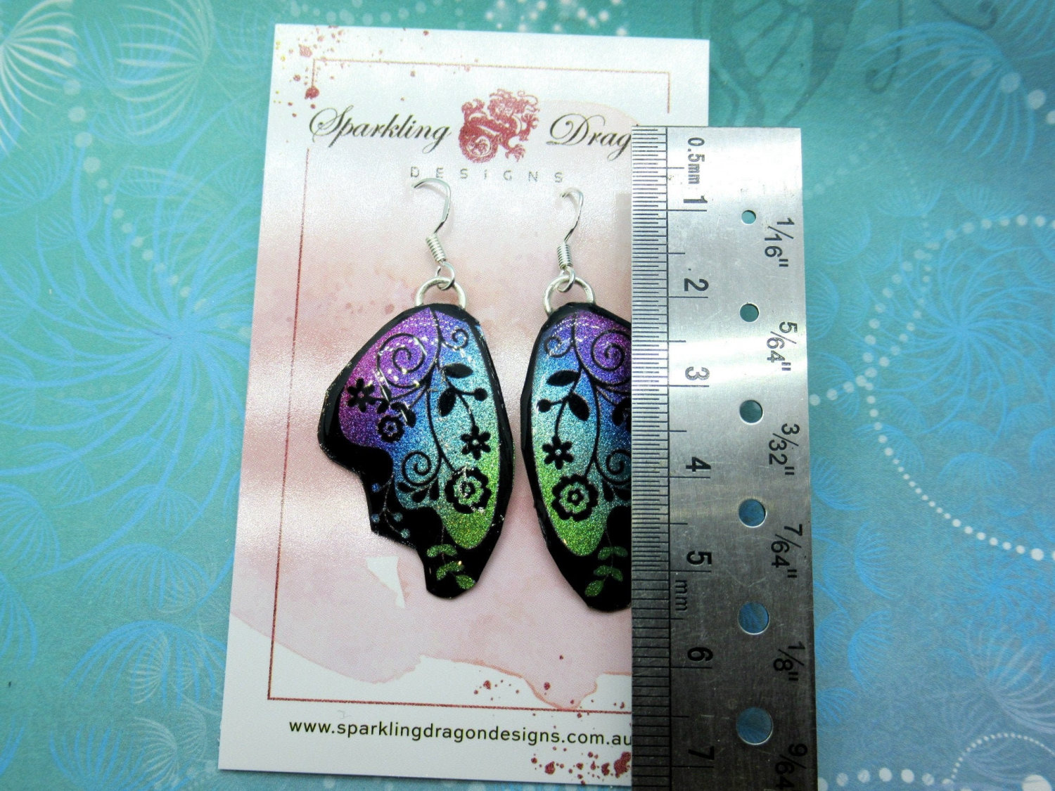 Butterfly Earrings Green to Pink with Flowers - Fairy Jewellery, Gift for her Fairy Wing Earrings - Sparkly - Resin with Glitter Finish - Image 3