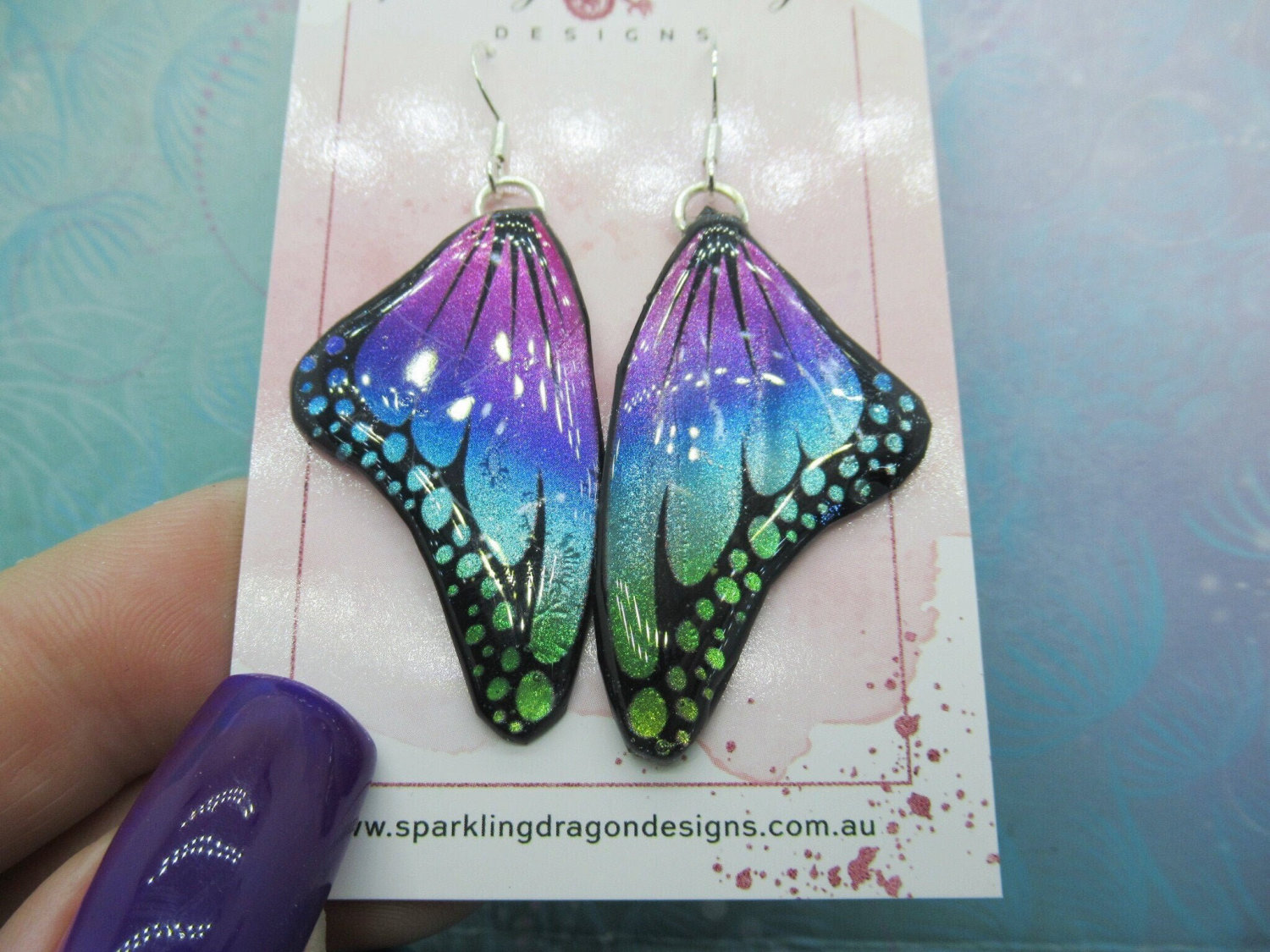 Butterfly Earrings Green to Pink - Fairy Jewellery Fun Gift for Fairy Wing Earrings - Sparkly - Resin with Glitter Finish