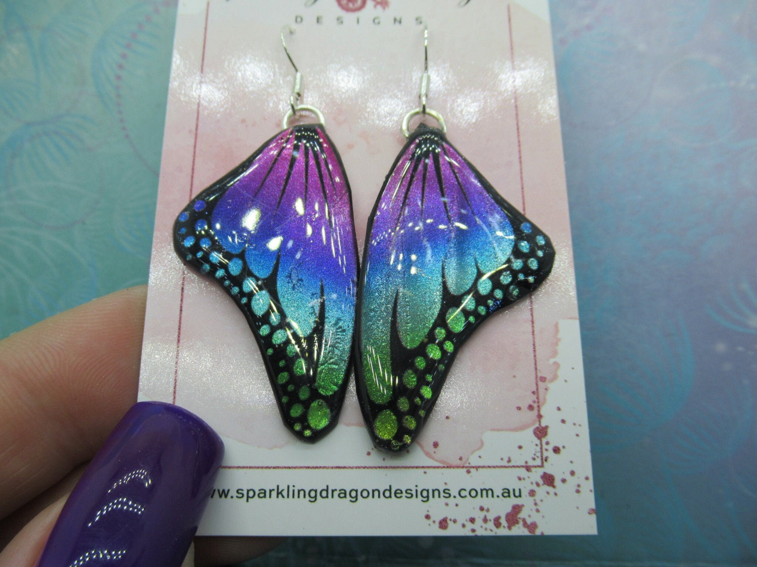 Butterfly Earrings Green to Pink - Fairy Jewellery Fun Gift for Fairy Wing Earrings - Sparkly - Resin with Glitter Finish - Image 2
