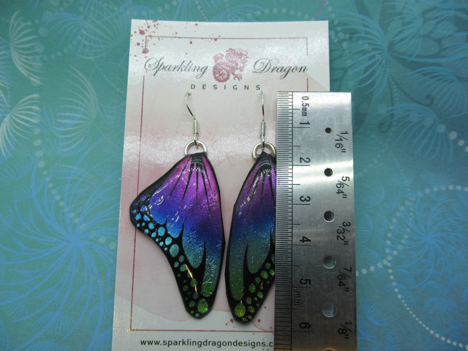 Butterfly Earrings Green to Pink - Fairy Jewellery Fun Gift for Fairy Wing Earrings - Sparkly - Resin with Glitter Finish - Image 4