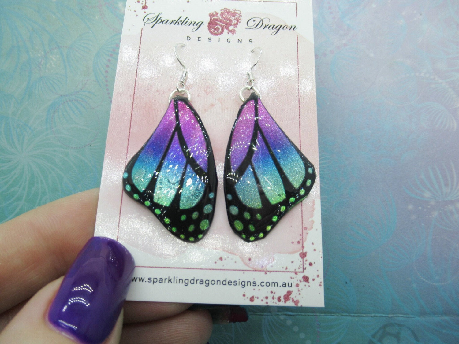 Butterfly Earrings Blue, Purple, Pink - Fairy Jewellery Fun Gift for Fairy Wing Earrings - Sparkly - Resin with Glitter Finish
