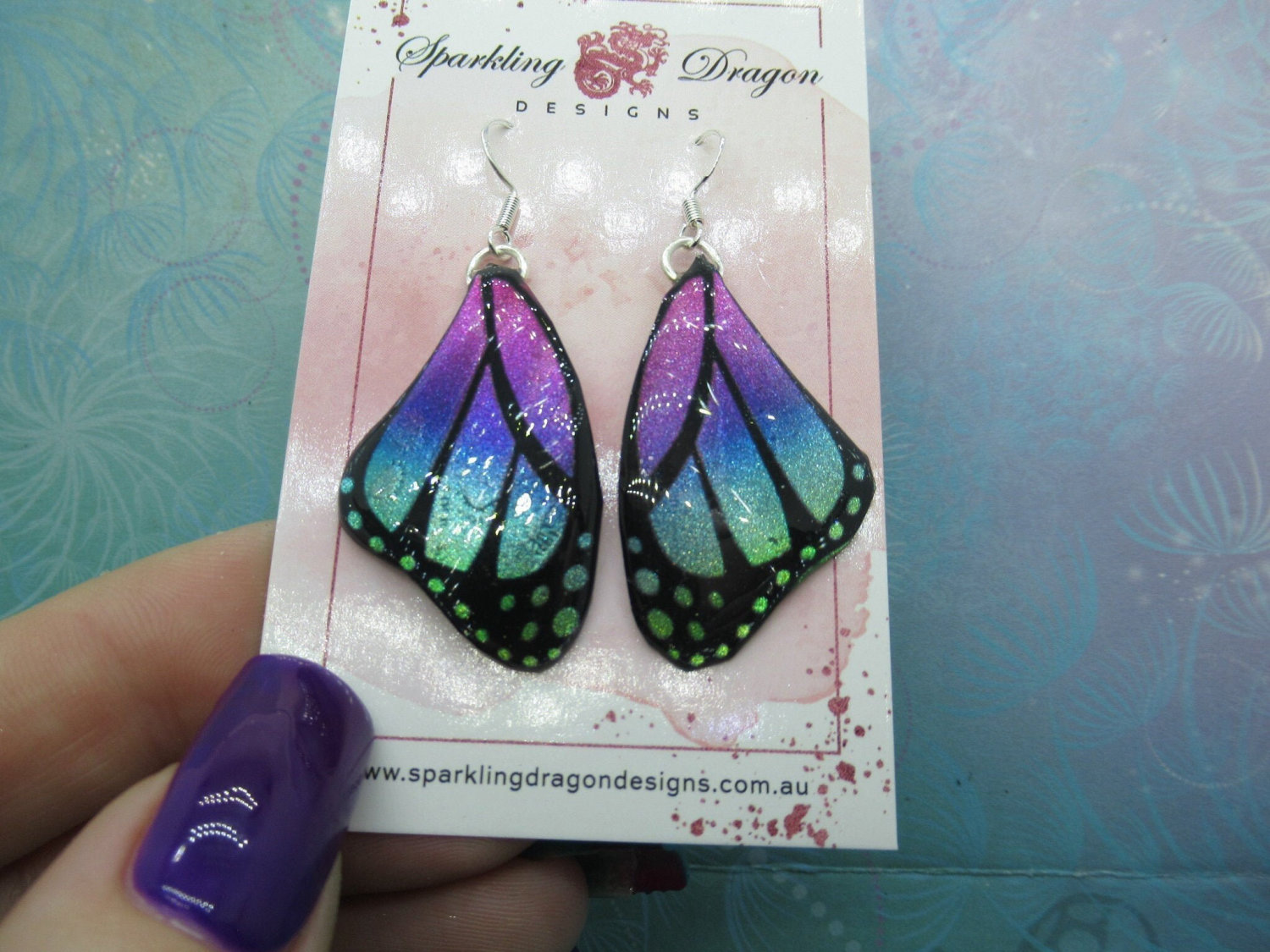 Butterfly Earrings Blue, Purple, Pink - Fairy Jewellery Fun Gift for Fairy Wing Earrings - Sparkly - Resin with Glitter Finish - Image 2