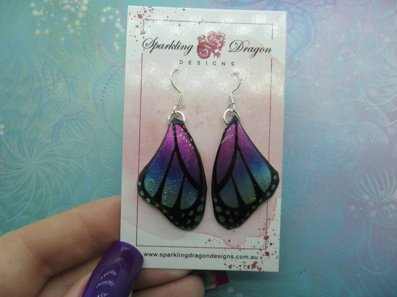 Butterfly Earrings Blue, Purple, Pink - Fairy Jewellery Fun Gift for Fairy Wing Earrings - Sparkly - Resin with Glitter Finish - Image 3