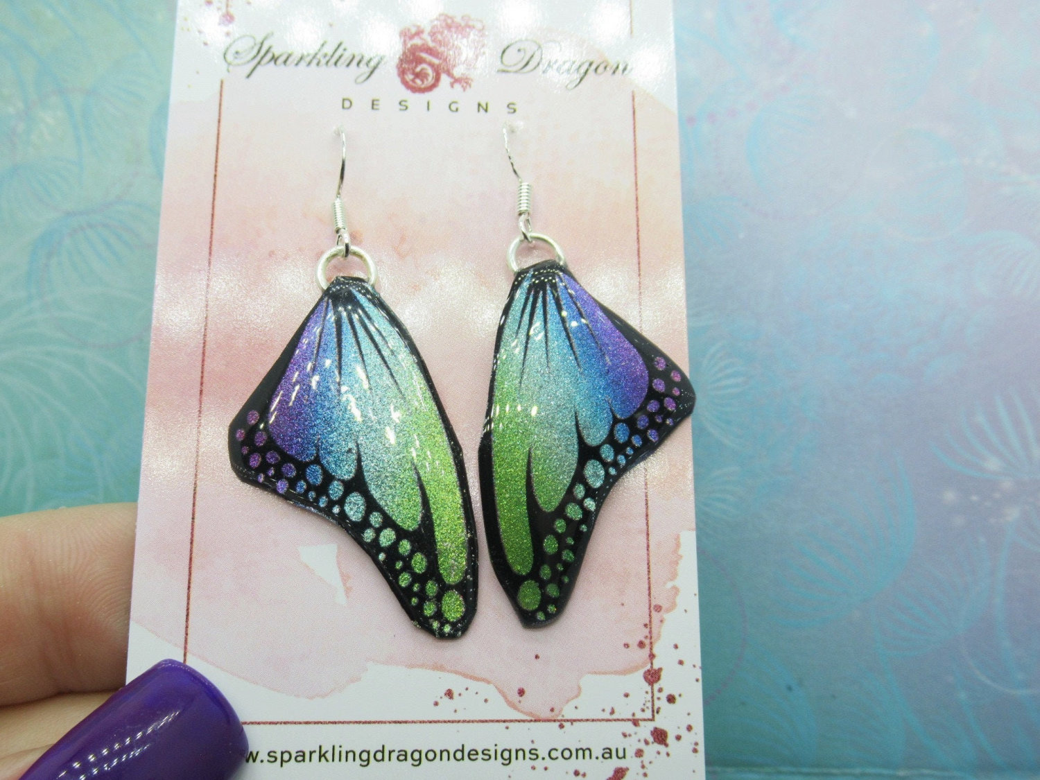 Butterfly Earrings Blue Evening Mist Small Spots - Fairy Jewellery Fun Gift for her Statement Present Sparkly - Resin with Glitter Finish