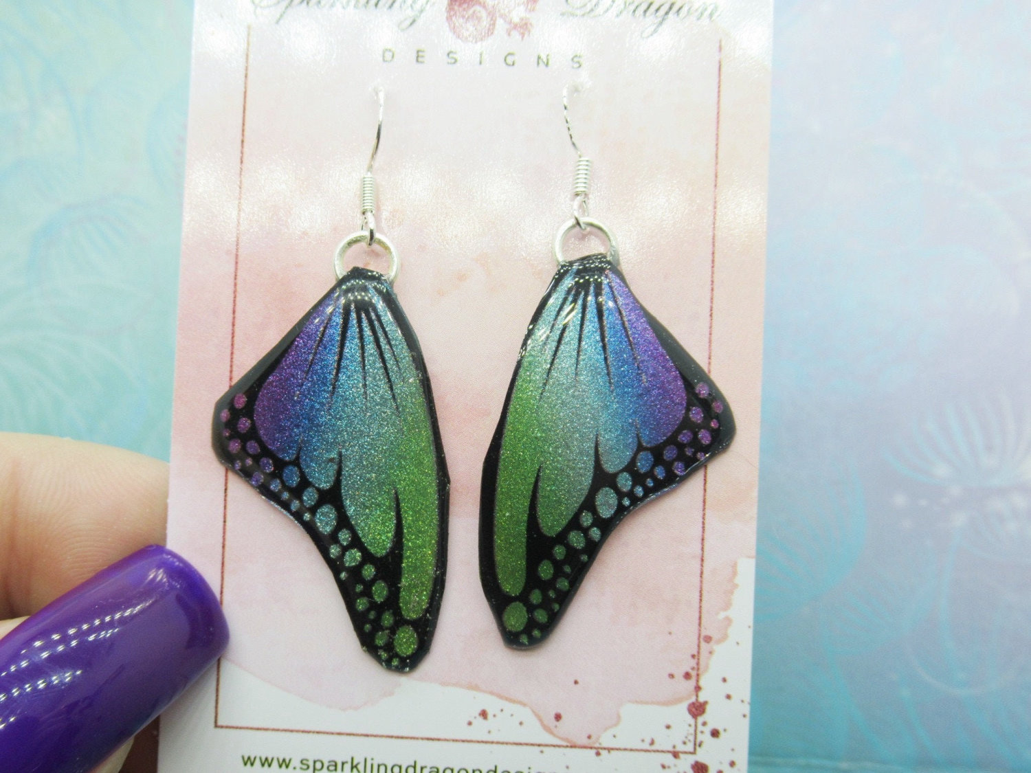 Butterfly Earrings Blue Evening Mist Small Spots - Fairy Jewellery Fun Gift for her Statement Present Sparkly - Resin with Glitter Finish - Image 3