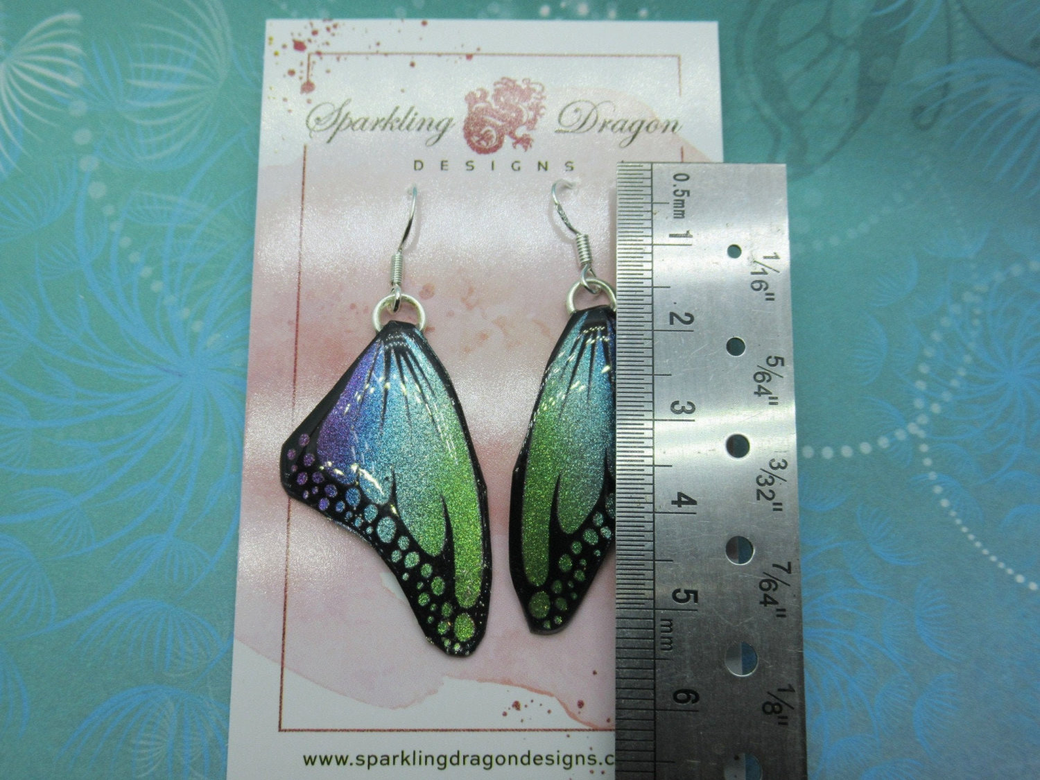 Butterfly Earrings Blue Evening Mist Small Spots - Fairy Jewellery Fun Gift for her Statement Present Sparkly - Resin with Glitter Finish - Image 4