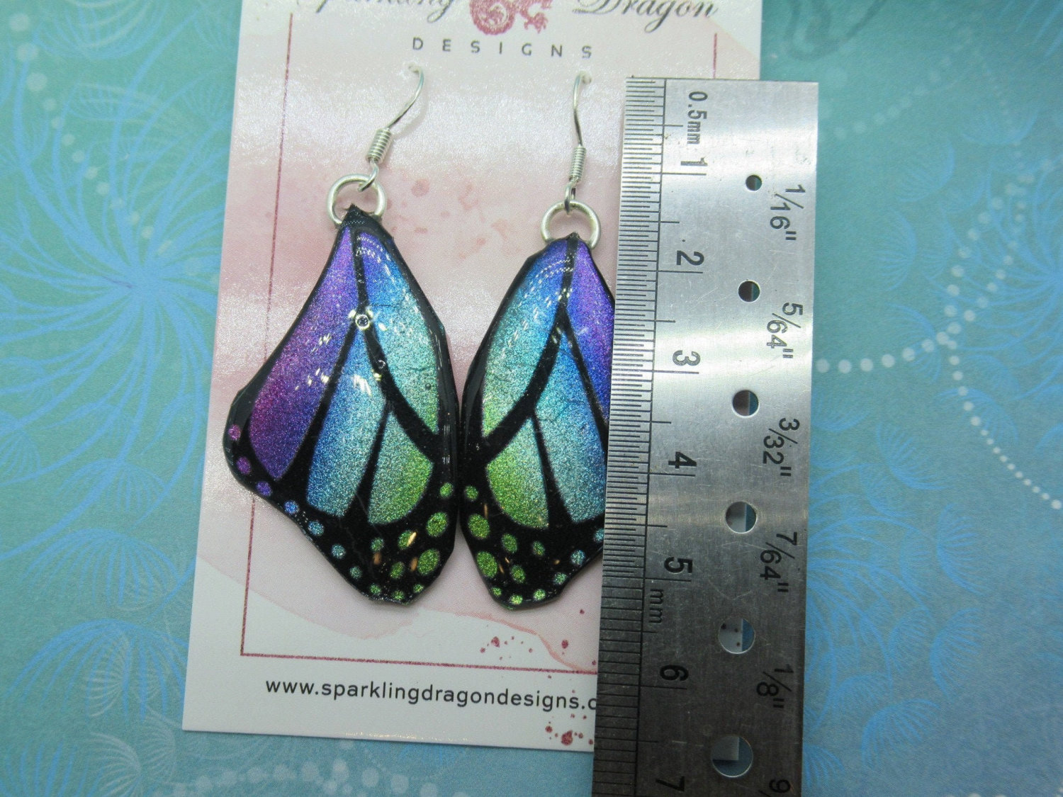 Butterfly Earrings Blue Evening Mist Large Spots- Fairy Jewellery, Fun Gift for her Statement Present Sparkly - Resin with Glitter Finish - Image 3