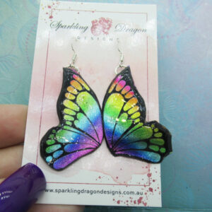 Butterfly Double Wing Earrings Shimmer Rainbow - Fairy Jewellery Fun Gift for her, Statement Present Sparkly - Resin with Glitter Finish