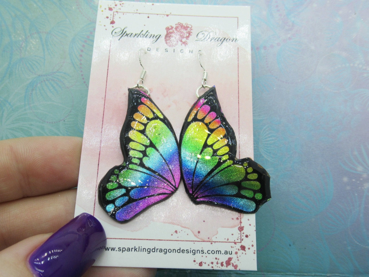 Butterfly Double Wing Earrings Shimmer Rainbow - Fairy Jewellery Fun Gift for her, Statement Present Sparkly - Resin with Glitter Finish