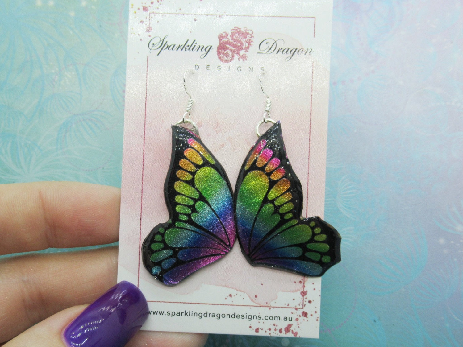 Butterfly Double Wing Earrings Shimmer Rainbow - Fairy Jewellery Fun Gift for her, Statement Present Sparkly - Resin with Glitter Finish - Image 2