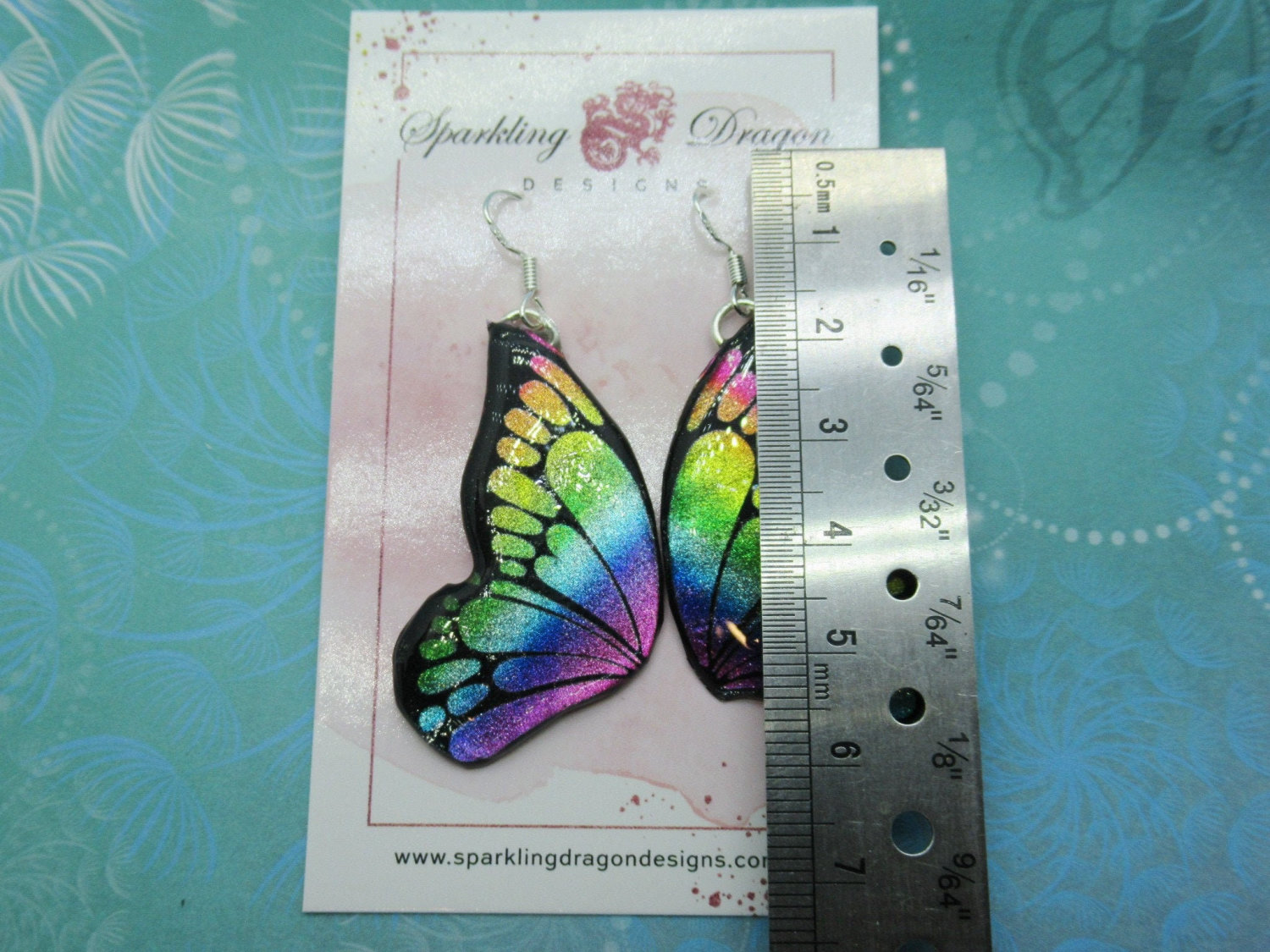 Butterfly Double Wing Earrings Shimmer Rainbow - Fairy Jewellery Fun Gift for her, Statement Present Sparkly - Resin with Glitter Finish - Image 3