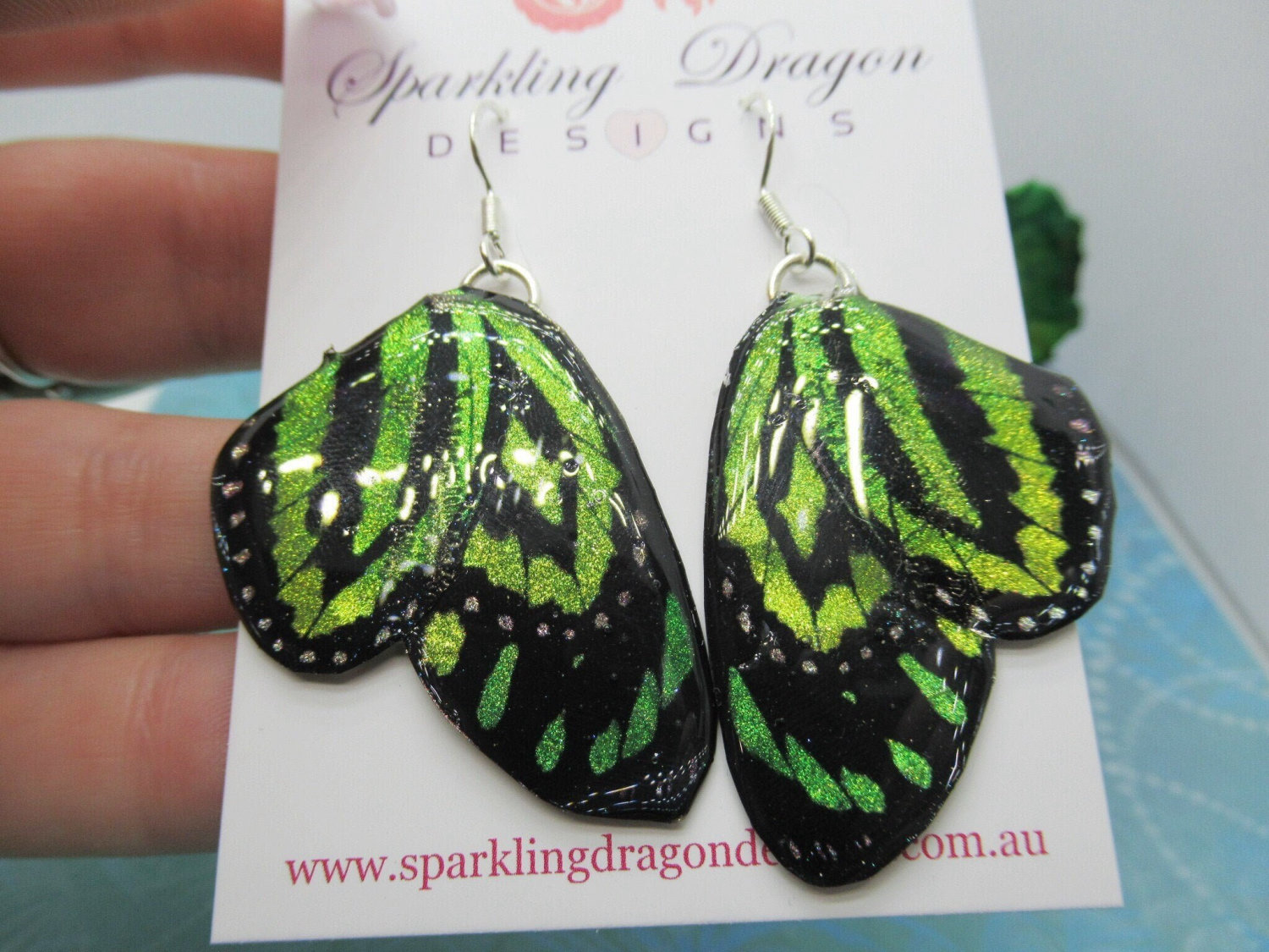 Vibrant Green Yellow Butterfly Double Wing Earrings - Shimmering Fairy Jewellery Fun Gift, Fairy Wing Earrings - Sparkly - Resin - Image 2