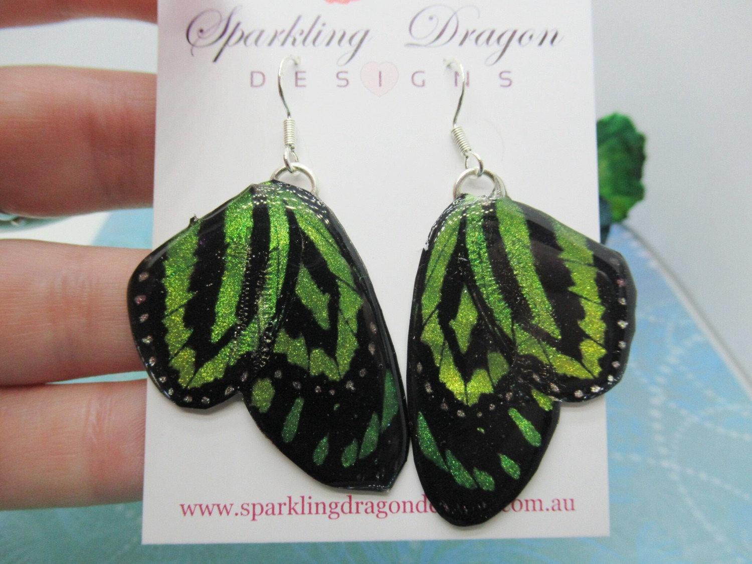 Vibrant Green Yellow Butterfly Double Wing Earrings - Shimmering Fairy Jewellery Fun Gift, Fairy Wing Earrings - Sparkly - Resin - Image 3