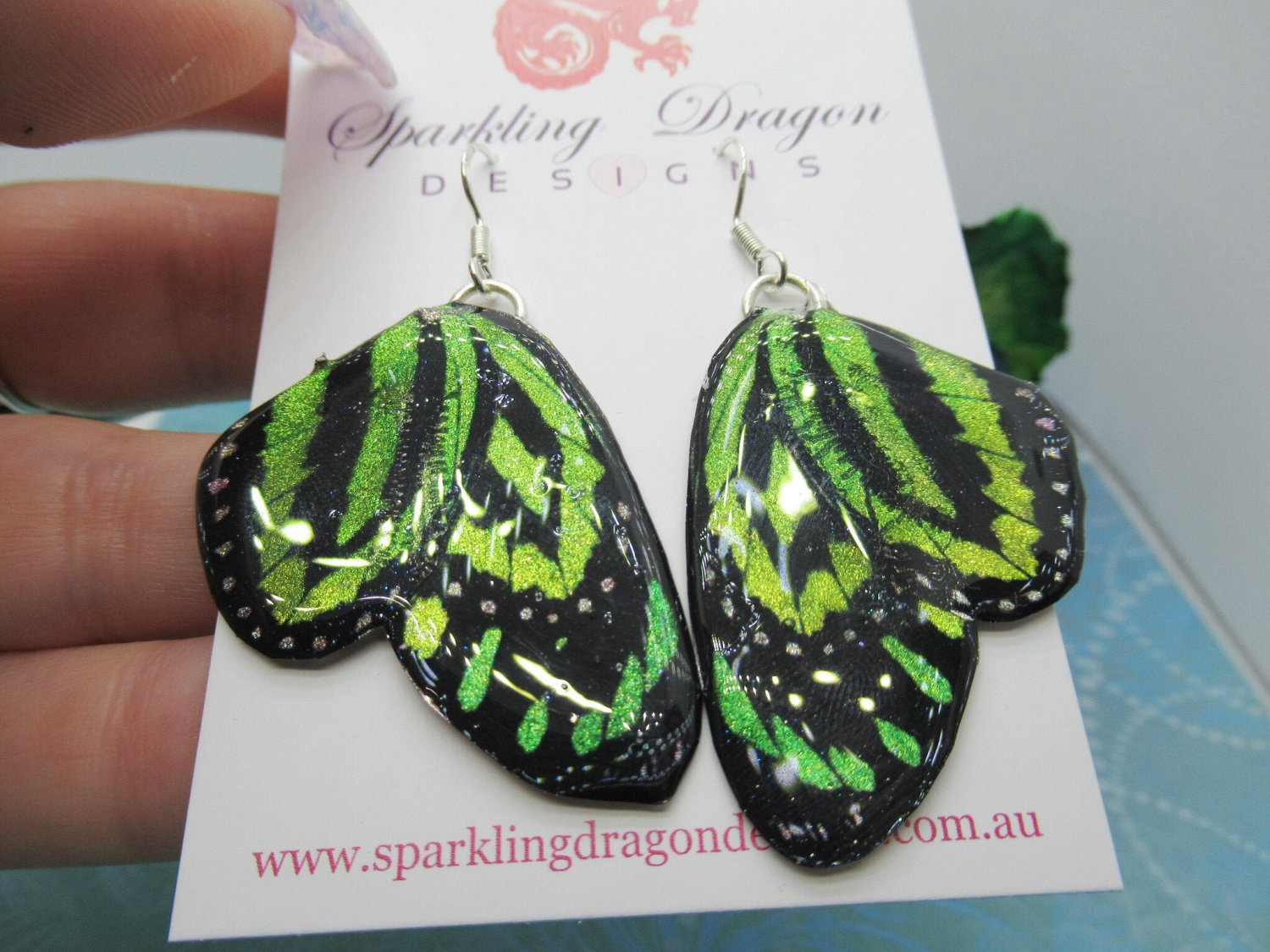 Vibrant Green Yellow Butterfly Double Wing Earrings - Shimmering Fairy Jewellery Fun Gift, Fairy Wing Earrings - Sparkly - Resin - Image 4