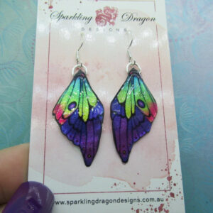 Rainbow & Purple Butterfly Wing Earrings: Enchanting fairy jewelry, a fun gift with sparkling wings in glittering resin. FairyFashion.