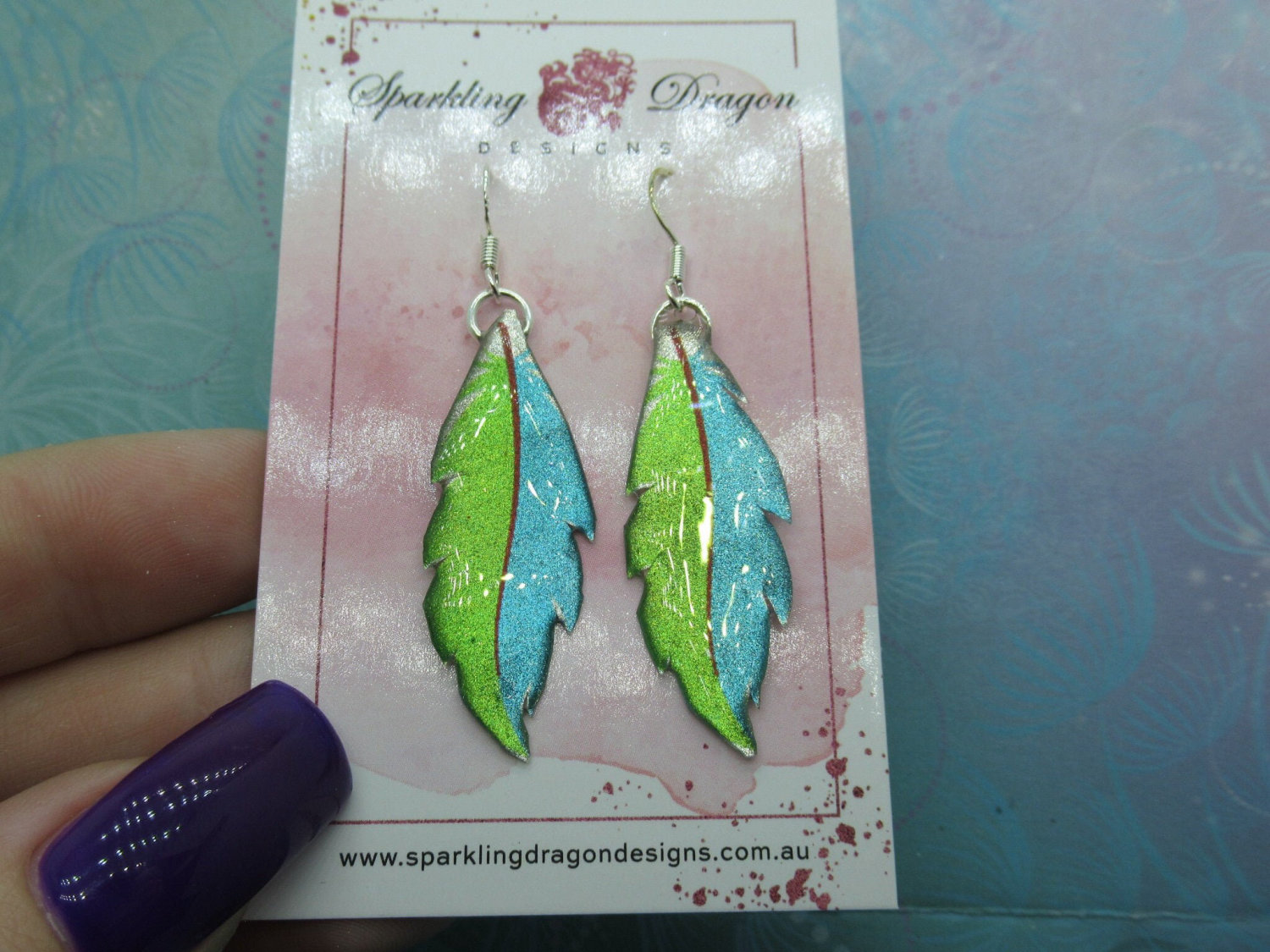 Pretty Feather Earrings - New Age Boho gift - Lovely Blue & Green Colours in Resin with Glitter Finish