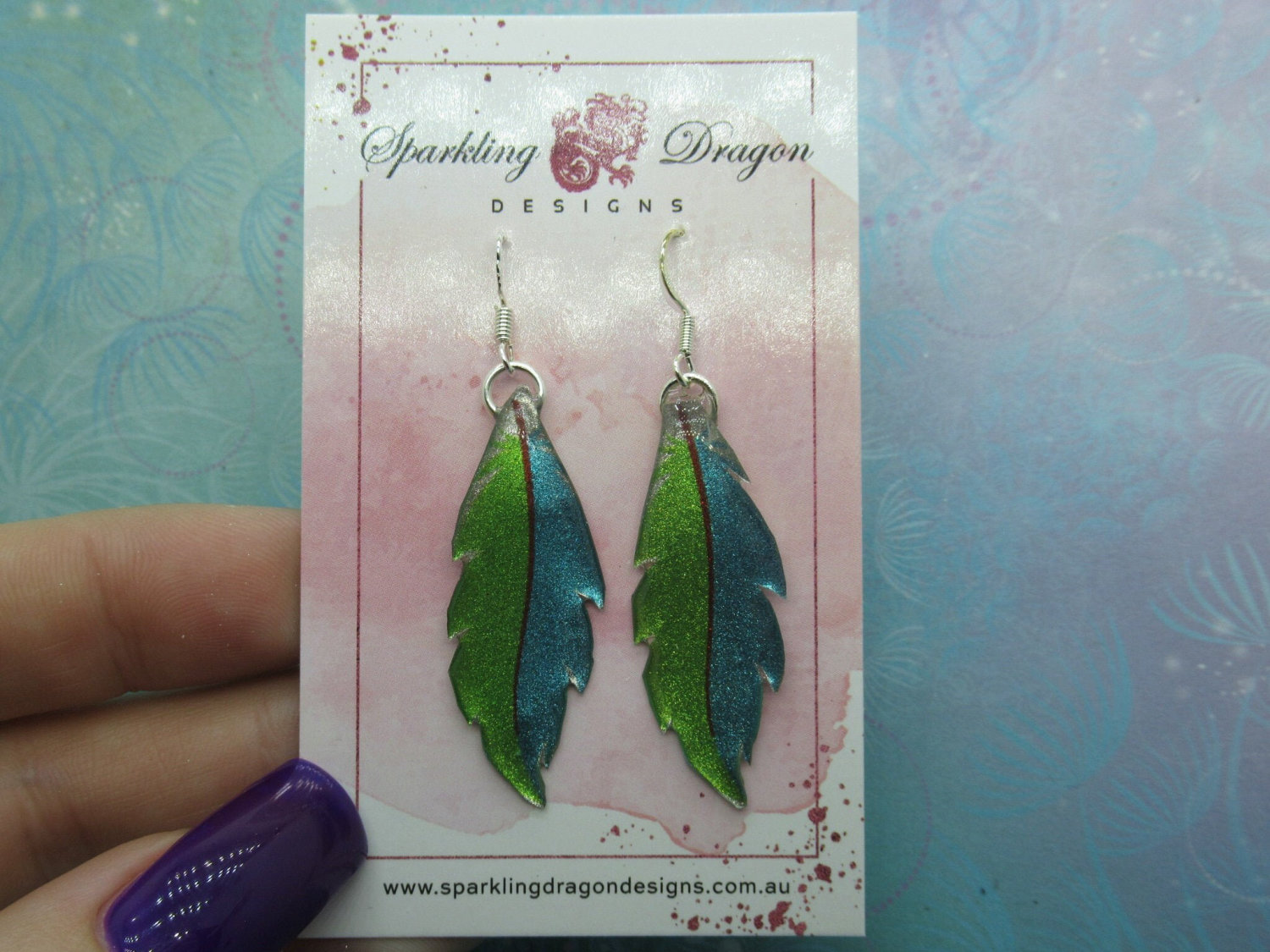 Pretty Feather Earrings - New Age Boho gift - Lovely Blue & Green Colours in Resin with Glitter Finish - Image 2