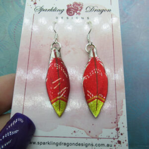 Pretty Feather Earrings - New Age Boho gift - Lovely Red, Yellow and an Orange Stripe Colours  in Resin with Glitter Finish