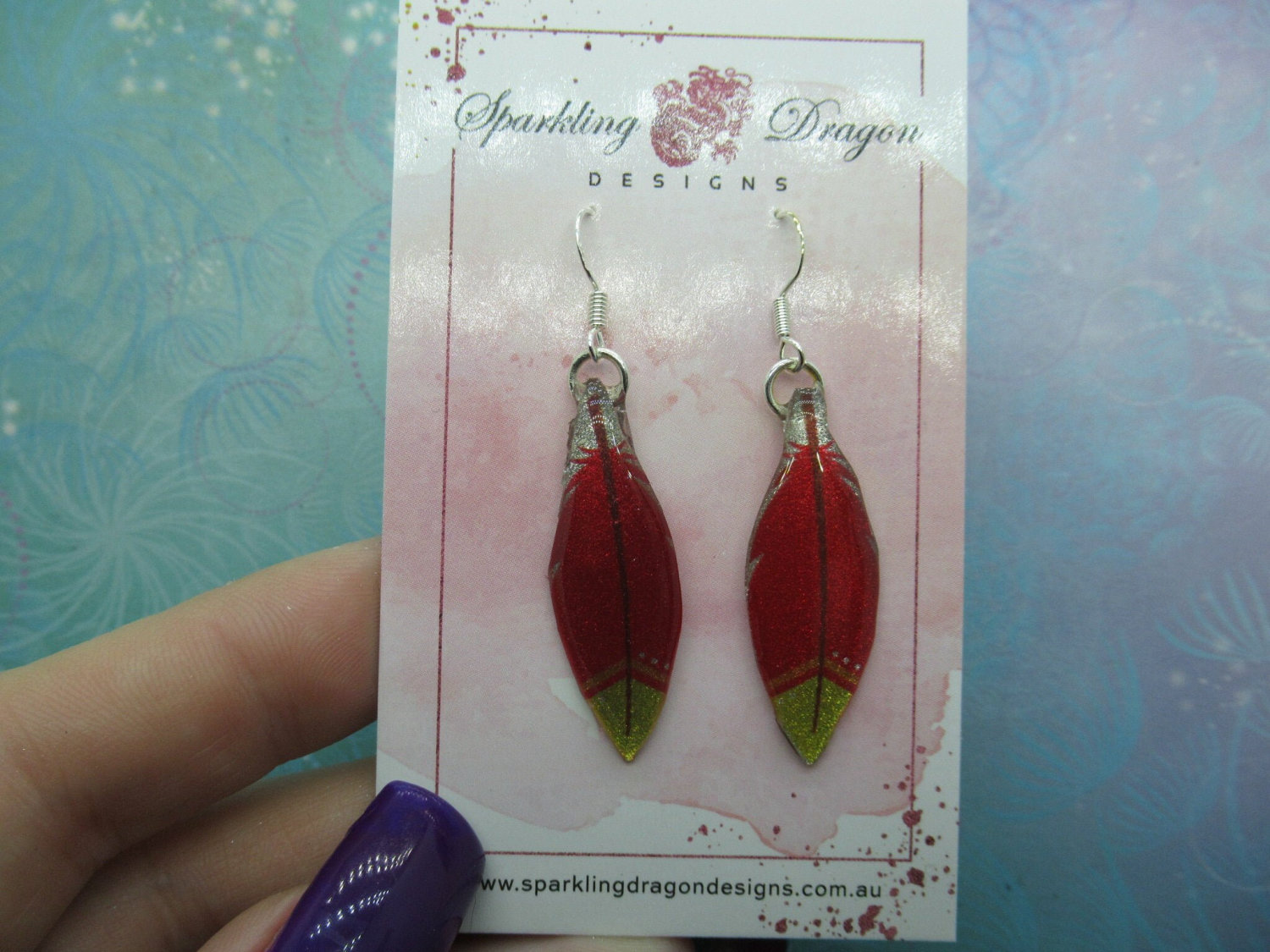 Pretty Feather Earrings - New Age Boho gift - Lovely Red, Yellow and an Orange Stripe Colours in Resin with Glitter Finish - Image 2