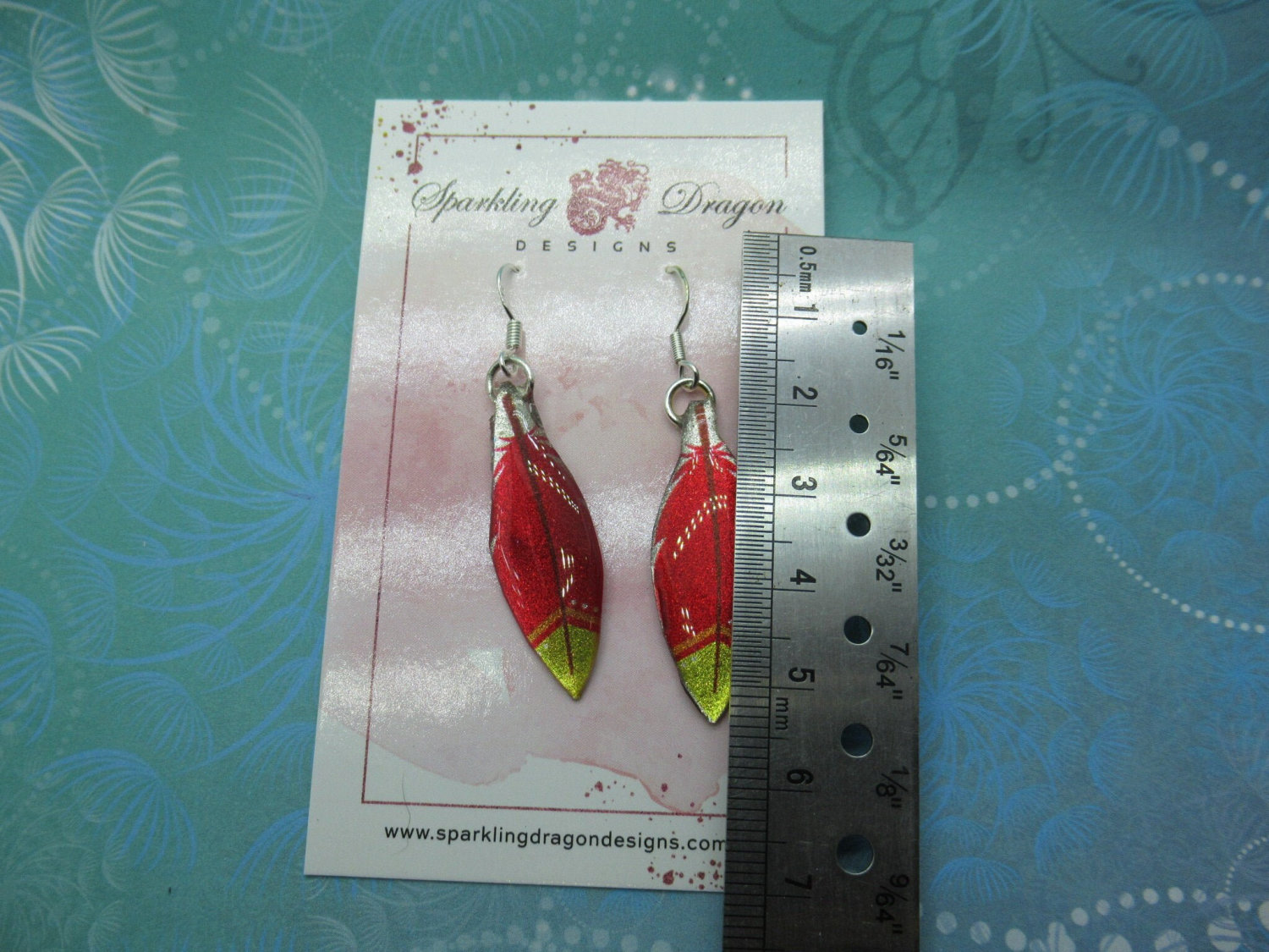 Pretty Feather Earrings - New Age Boho gift - Lovely Red, Yellow and an Orange Stripe Colours in Resin with Glitter Finish - Image 3
