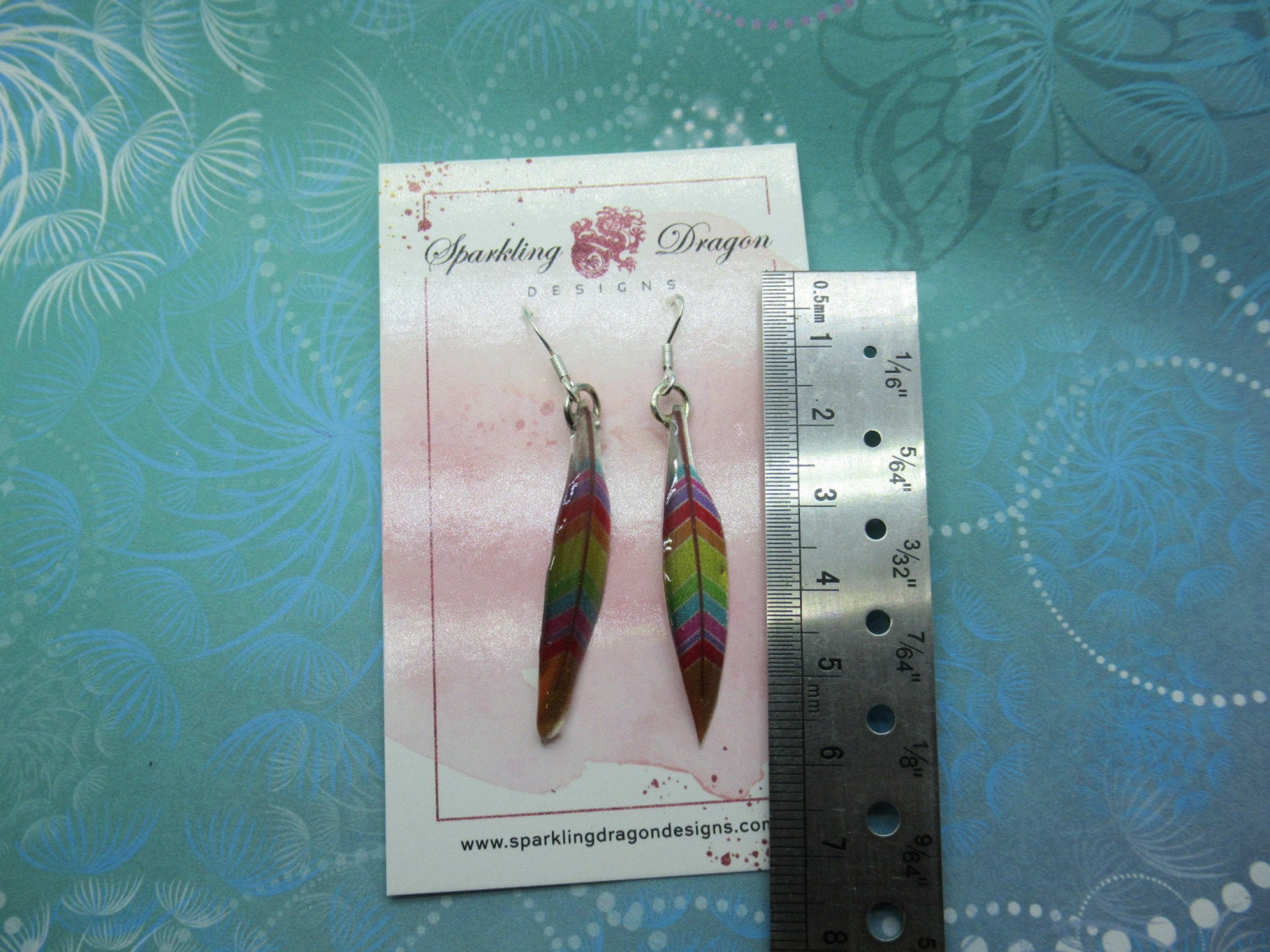 Pretty Feather Earrings - New Age Boho gift - Lovely Mixed Colours in Resin with Glitter Finish - Image 3