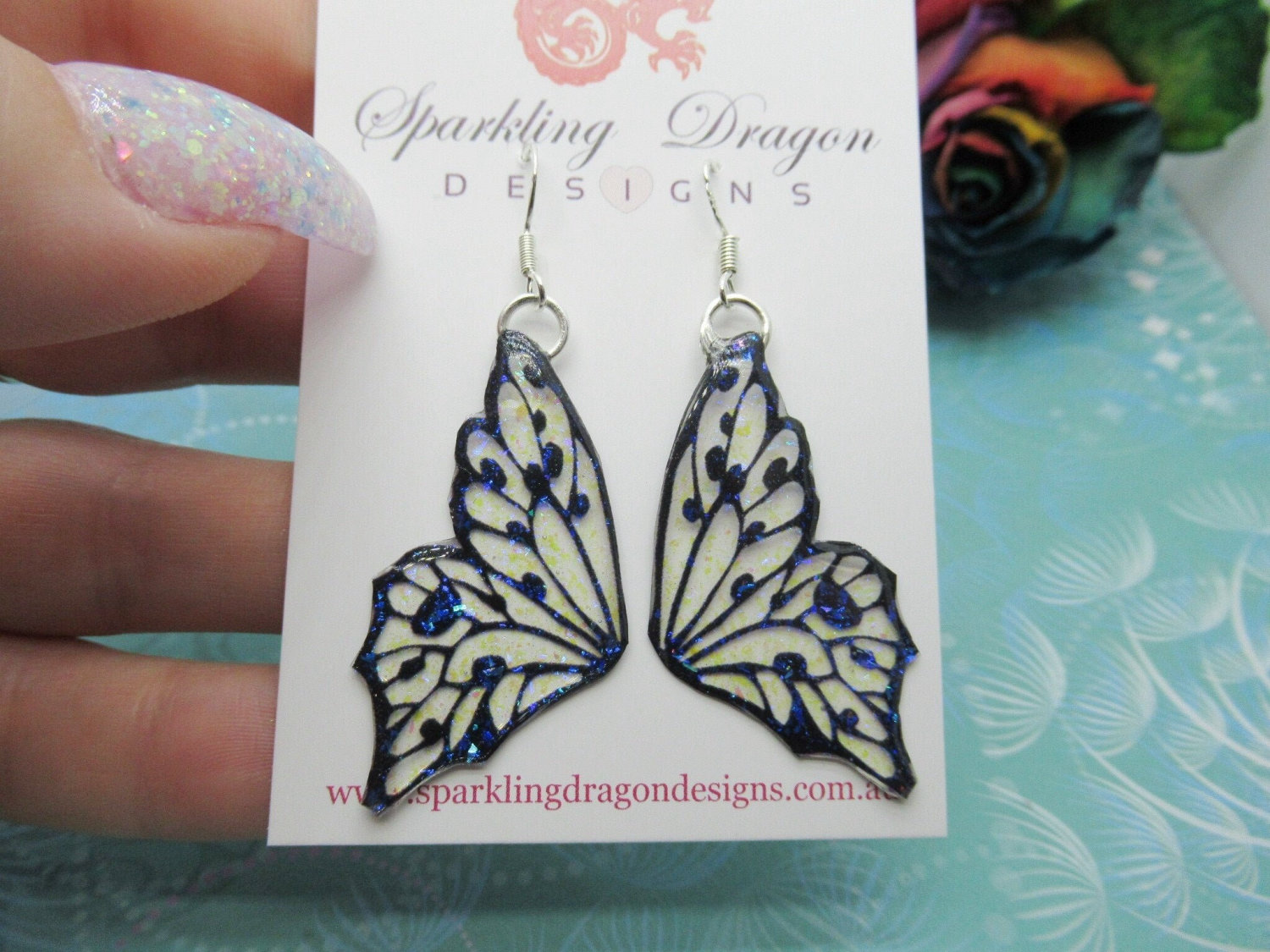 Sparkley Blue & Yellow Butterfly Double Wing Earrings - Fairy Jewellery, Fun Gift for her Present Sparkly - Resin with Glitter Finish