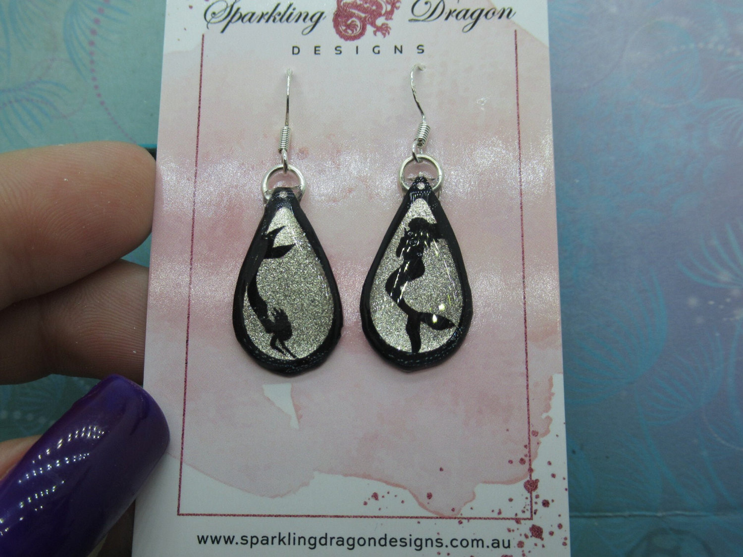 Rain Drop Mermaid Earrings - New Age Boho gift - Sparkling Silver in Resin with Glitter Finish - Image 3