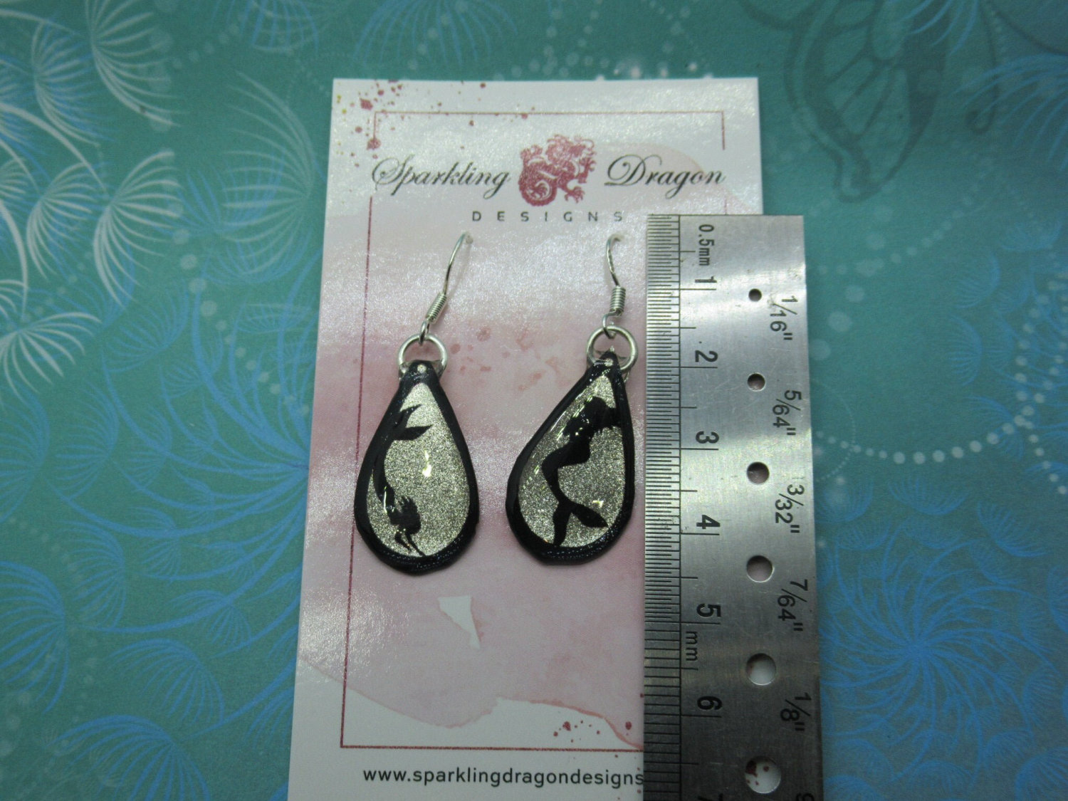 Rain Drop Mermaid Earrings - New Age Boho gift - Sparkling Silver in Resin with Glitter Finish - Image 4