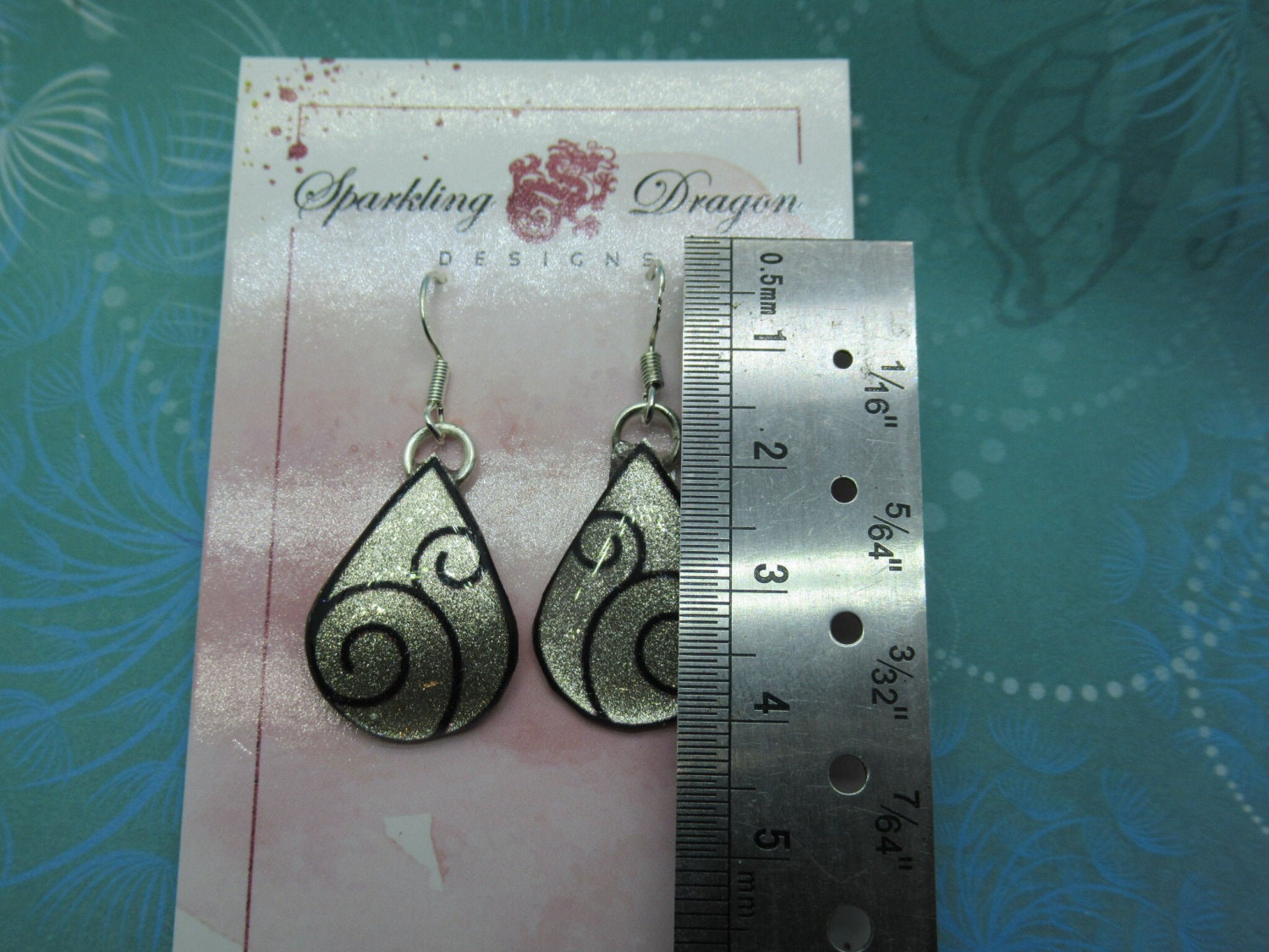 Rain Drop Swirls Earrings - New Age Boho gift - Sparkling Silver in Resin with Glitter Finish - Image 3