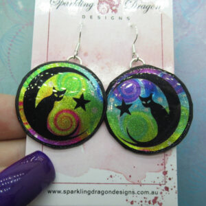 Mystic Kitty Witchy Cat Earrings - New Age Boho gift - Swirling Purle & Green in Resin with Glitter Finish