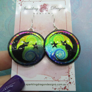 Mystic Kitty Witchy Cat Earrings - New Age Boho gift - Swirling Blue & Green in Resin with Glitter Finish