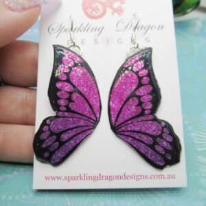 Butterfly Double Wing Earrings Pink - Fairy Jewellery, Fun Gift for her Fairy Wing Earrings - Sparkly - Resin with Glitter Finish