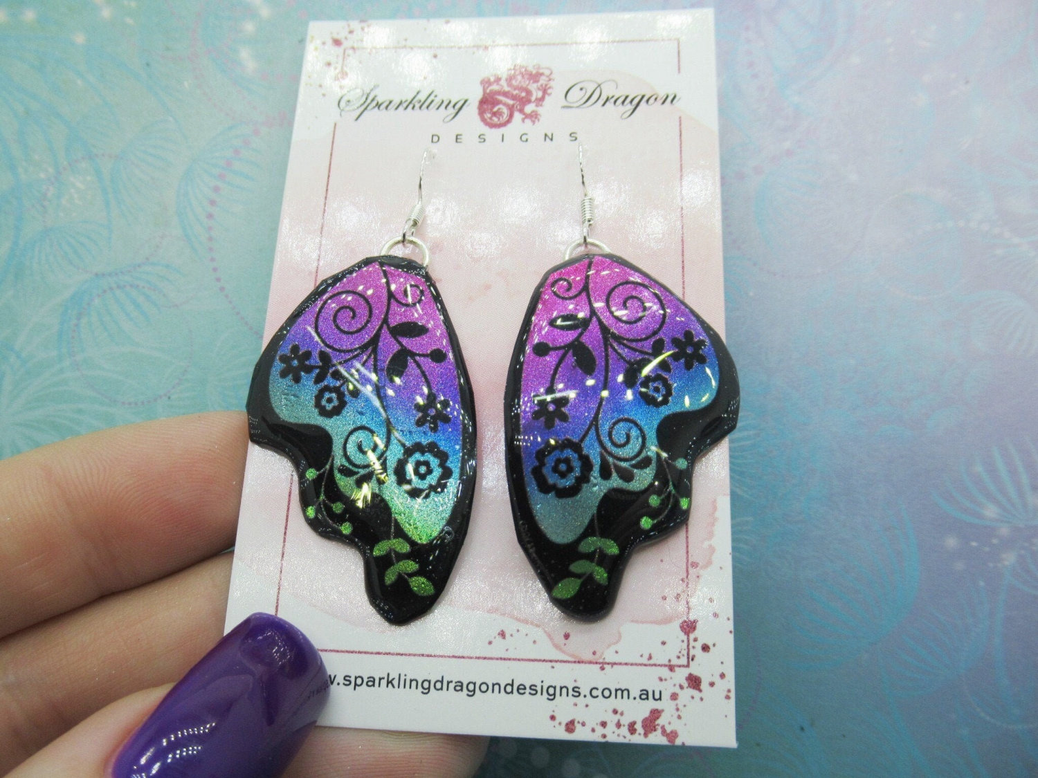 Floral Butterfly Wing Earrings – Iridescent Glitter Resin, Fairy Jewelry