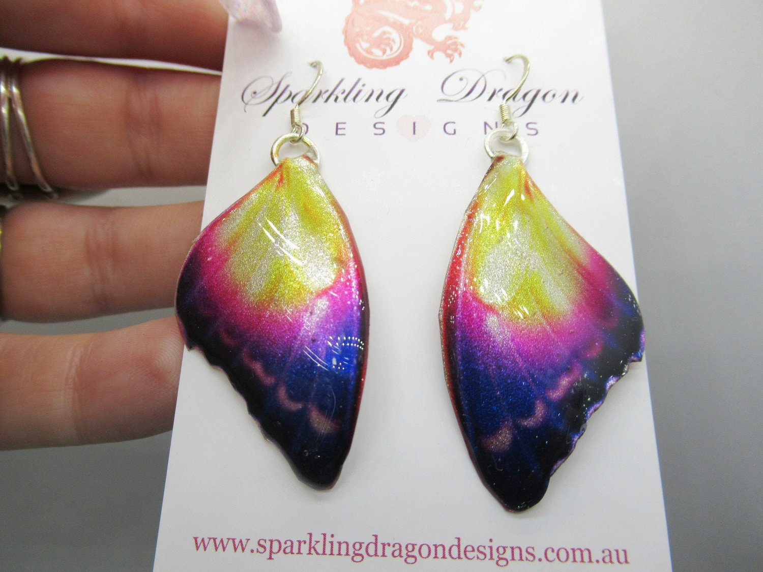Butterfly Earrings Mystic Sunset - Fairy Jewellery Fun Gift for her, Fairy Wing Earrings - Sparkly - Resin with Glitter Finish