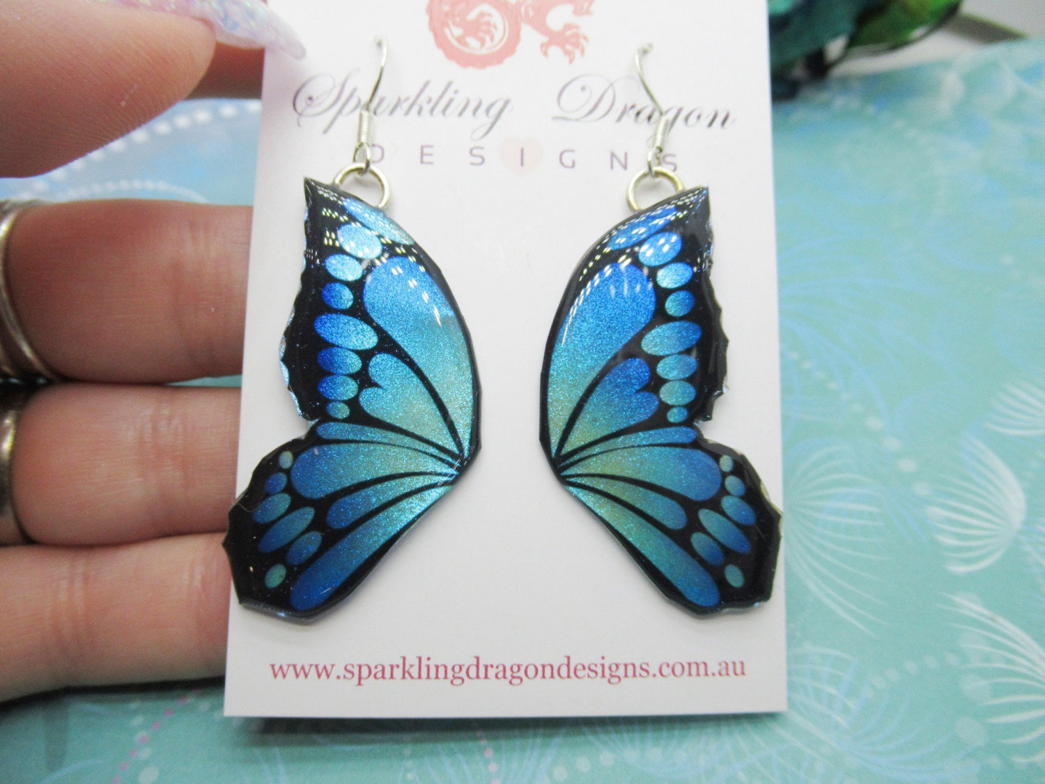 Butterfly Double Wing Earrings Purple & Blue - Fairy Jewellery, Fun Gift for her Fairy Wing Earrings - Sparkly - Resin with Glitter Finish - Image 7