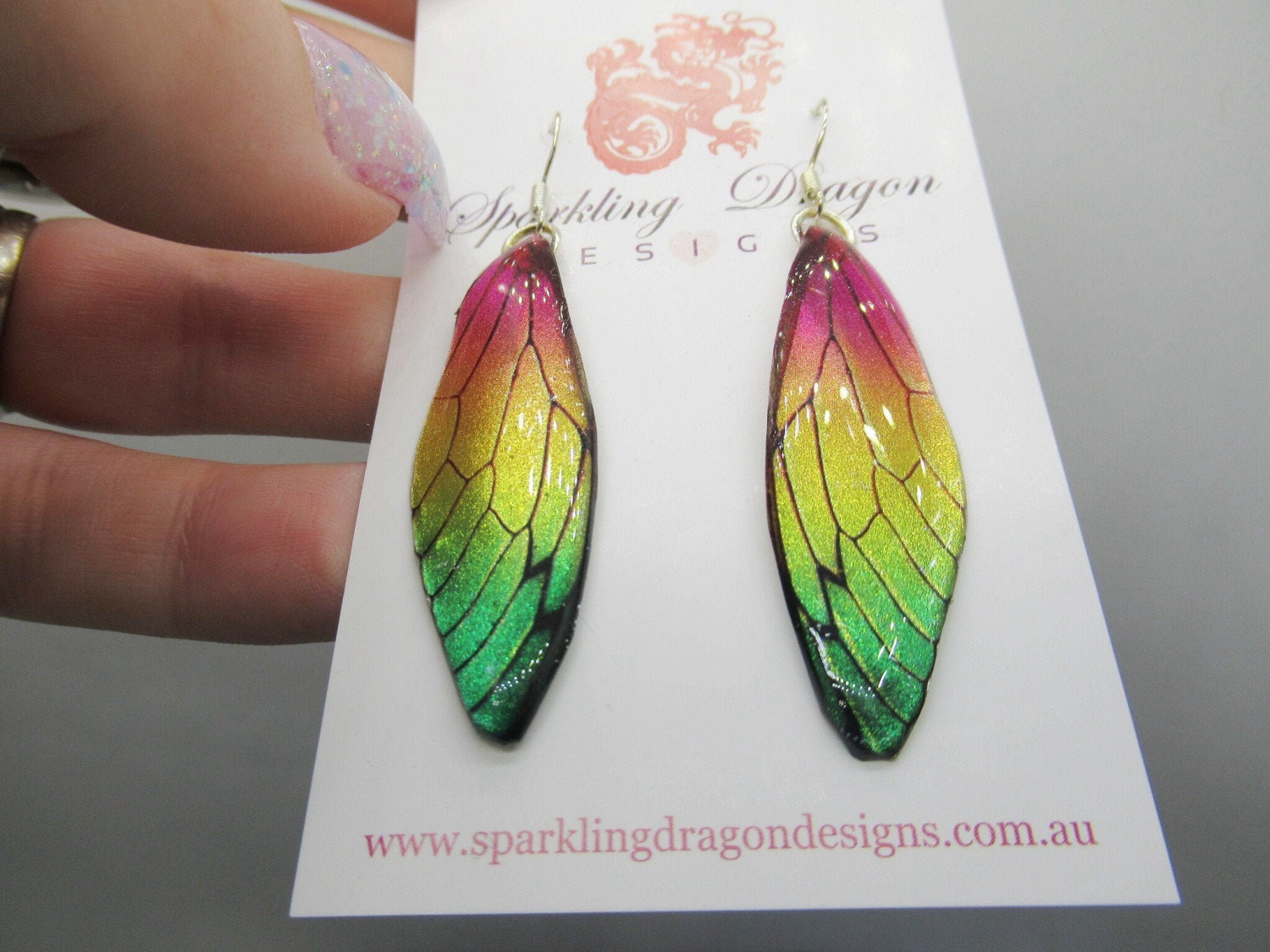 Butterfly Wing Pink, Yellow & Green Earrings - Fairy Jewellery, Fun Gift for her Fairy Wing Earrings - Sparkly - Resin with Glitter Finish